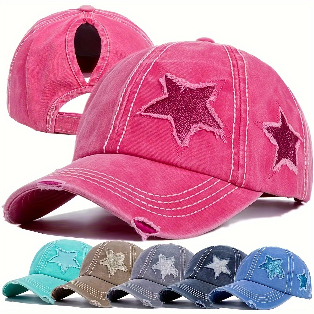 

2-pack Distressed Ponytail Baseball Cap With Star Embroidery, Adjustable Curve Brim Hats, Casual For All Seasons