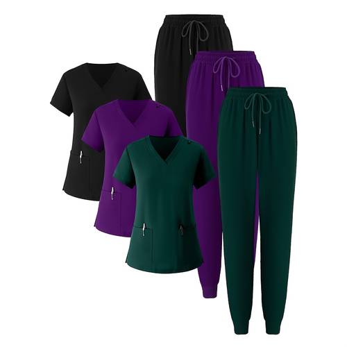 4pcs womens workwear set stretchy and breathable uniform with v neck short sleeve top and drawstring pants with functional pockets machine washable and durable for healthcare professionals