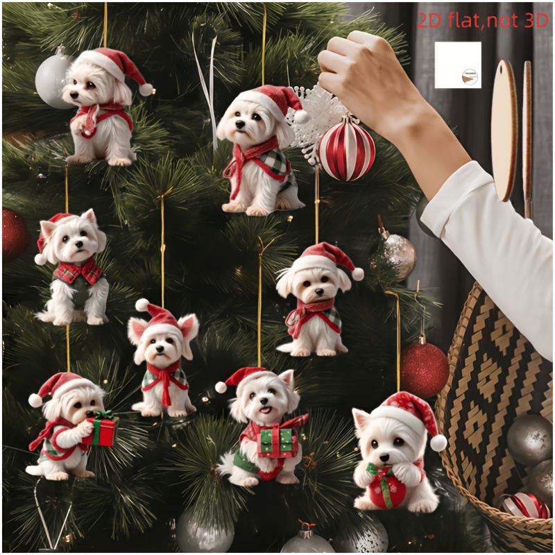 TEMU Set di 8 Ornamenti in Legno a Forma di Cane Maltese Piatto 2D con Abiti e a Tema Natalizio - per Decorazioni di Natale, Capodanno e San