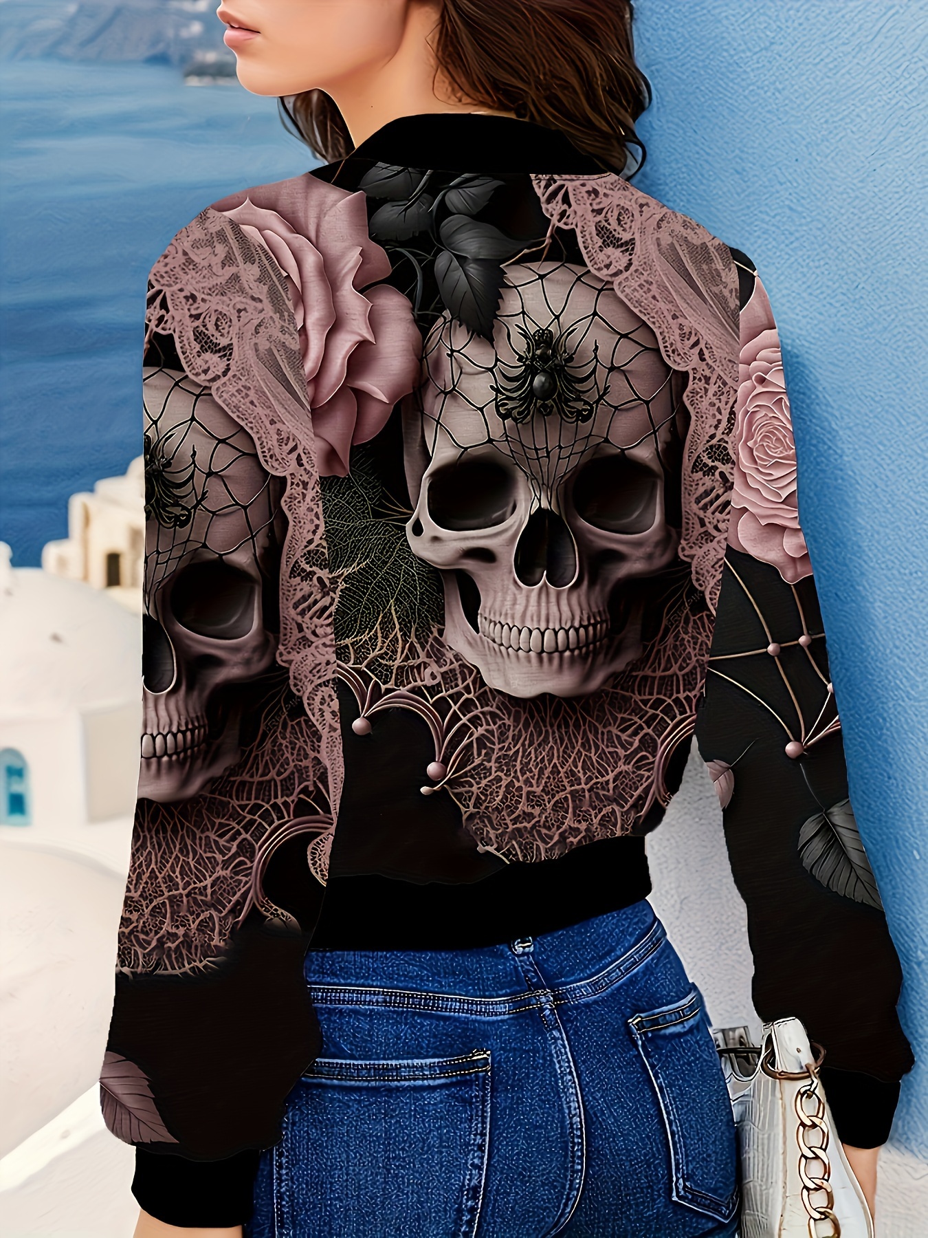 skull print zipper front jacket casual long lantern sleeve