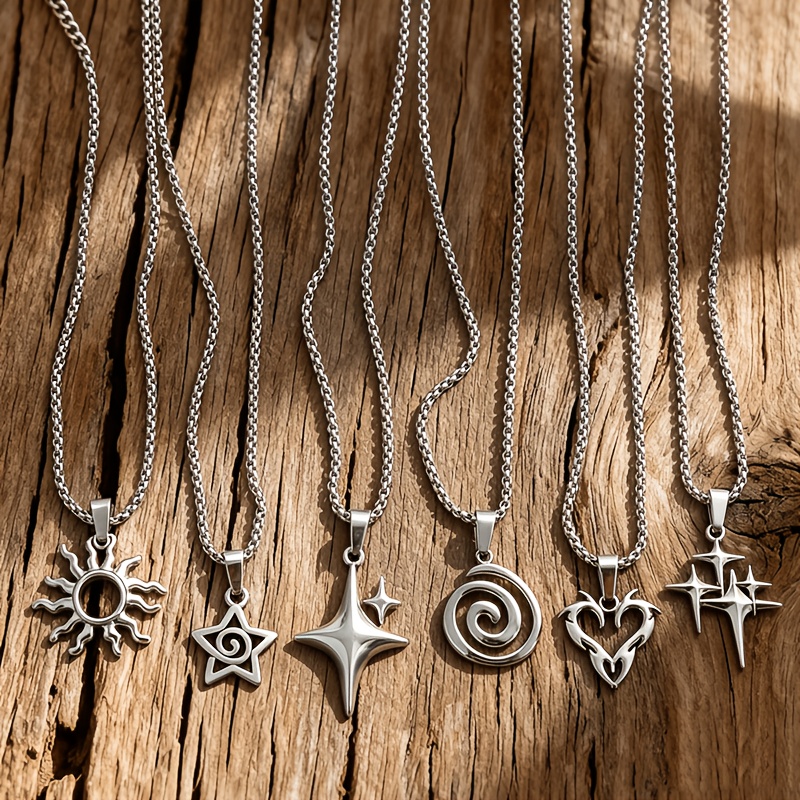 TEMU 6pcs Gothic Y2k Pendant Necklaces Set For Women Men Stainless Star Spiral Thorn Heart 4 Pointed Star Chain Necklace Grunge Alt Aesthetic Street