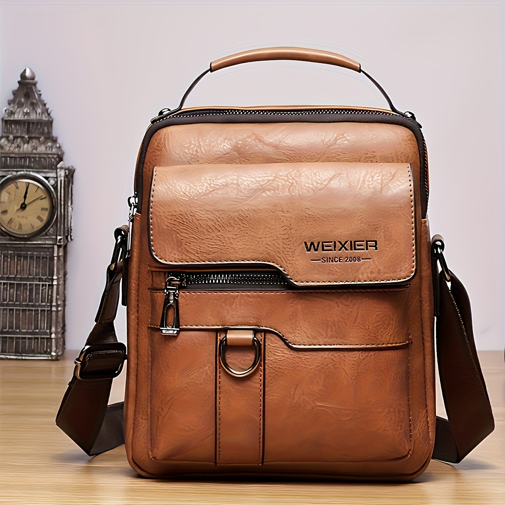 TEMU 's Genuine Leather Diagonal Backpack, Retro Street Style Large Capacity Commuter Bag, Adjustable Shoulder Strap, Durable Cowhide For Business
