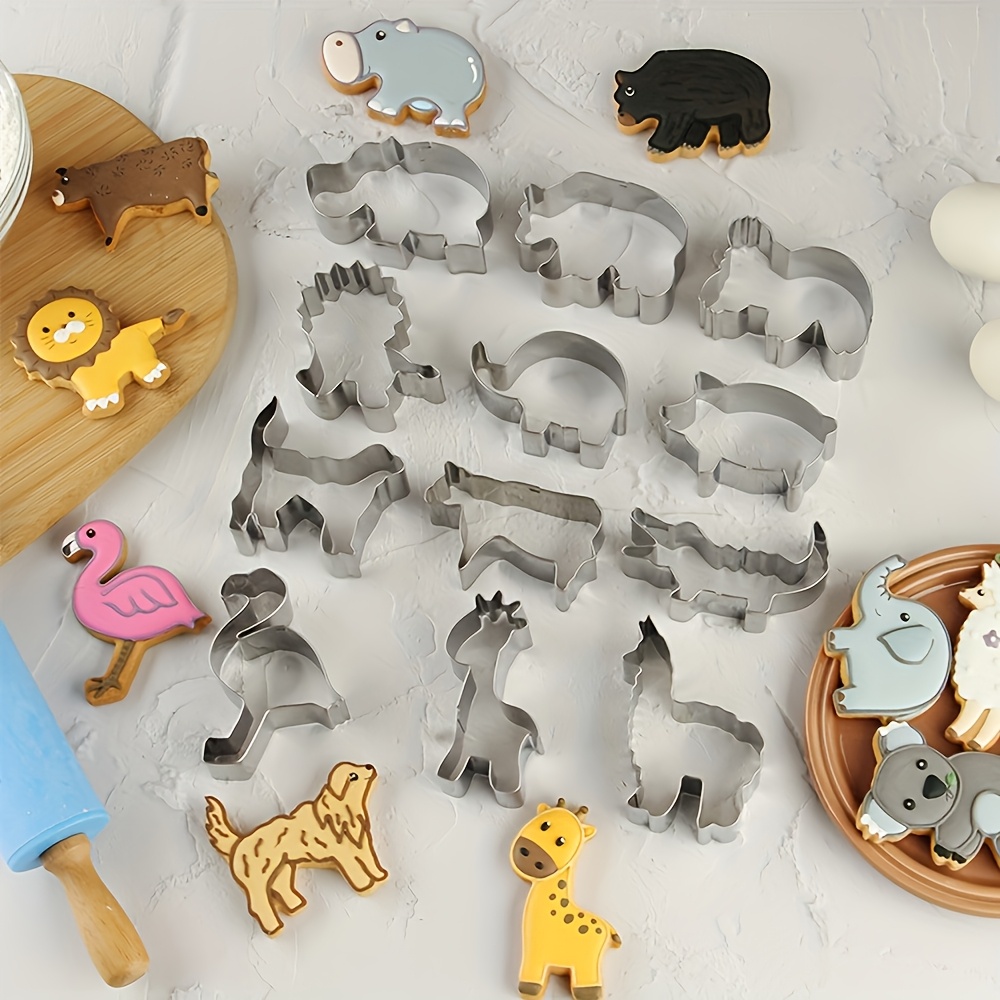 Image of Stainless Steel Cookie Cutter Set, 3d Animal Shapes, Baking Tools Including Alpaca, Lion, Giraffe, Hippo, Koala, Elephant, Puppy, Cow, Pig, Crocodile, Flamingo, And Panda For Baking