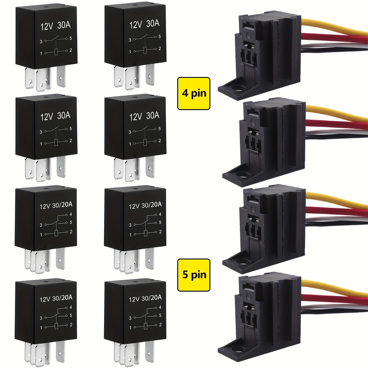 

4pcs Heavy Duty 12v 30a Car Relays Wire Socket Plug Harness Kit, 5pin Electrical Automotive & Spdt Relays