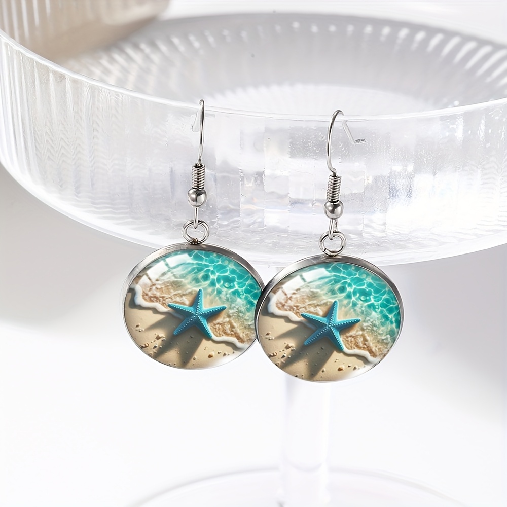 1 Pair Tropical Beach Starfish Round Earring Handmade Glass Dome Dangle Earring Jewelry