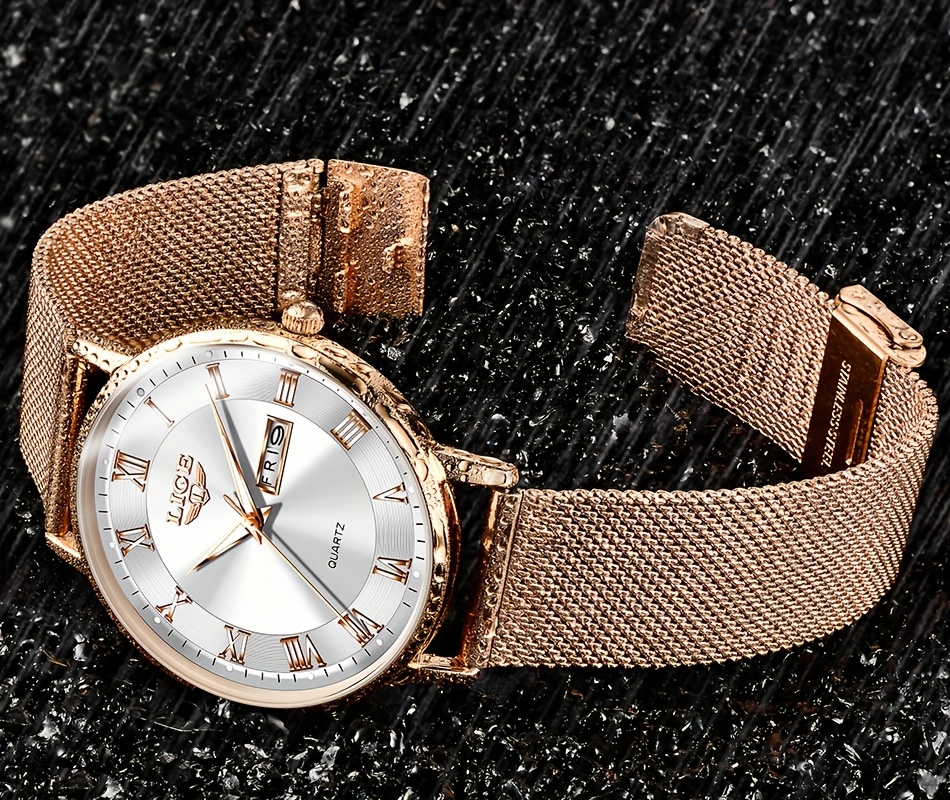 LIGE Dames Elegant Roestvrij Quartz Analoog Horloge met Datumkalender, Quartz Polshorloge Geschikt voor Dagelijks Gebruik - Tijdsmeter, Valentijnscadeau voor Vrouwen & Mannen (Merk)