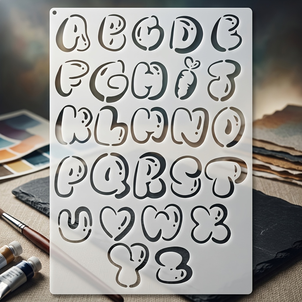 TEMU Stencil riutilizzabile con alfabeto a bolle da 8..7 pollici, lettere da A a Z con design divertenti, template in PET lavabile per dipingere su