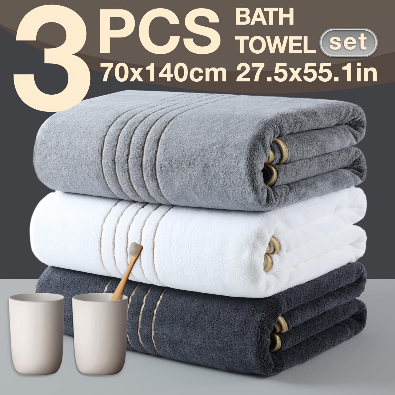 TEMU 3pcs Coral Velvet Bath Towel Household Chest Bath Towel Coral Velvet Bath Towel Super Absorbent Bath Towel Soft Absorbent Adult Bath Towel