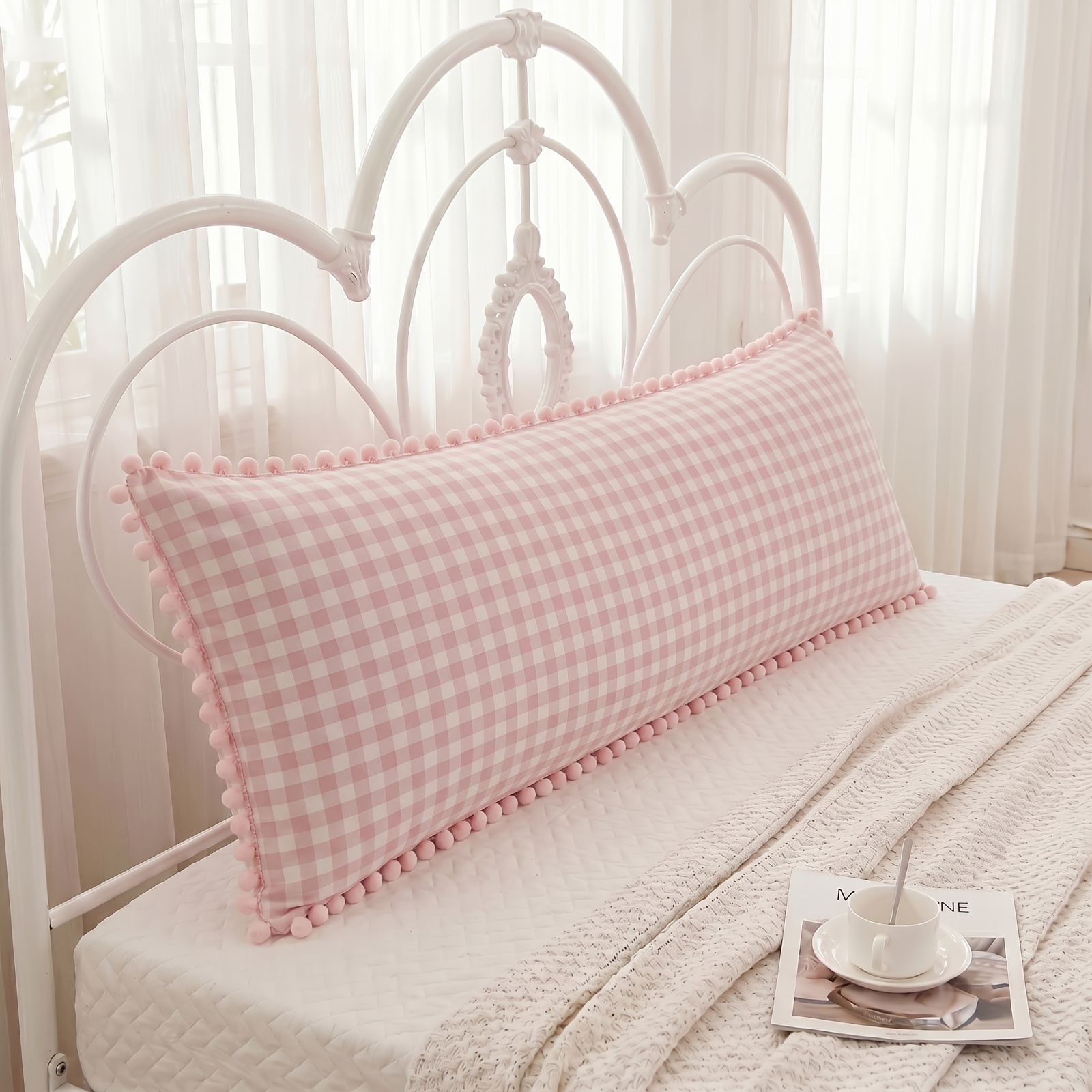 TEMU 1pc Pink Striped Checkered Ball Long Back Cushion, Simple Cute And Gentle Style Single Bedding, Synthetic Fiber Breathable Single Bedding, Body