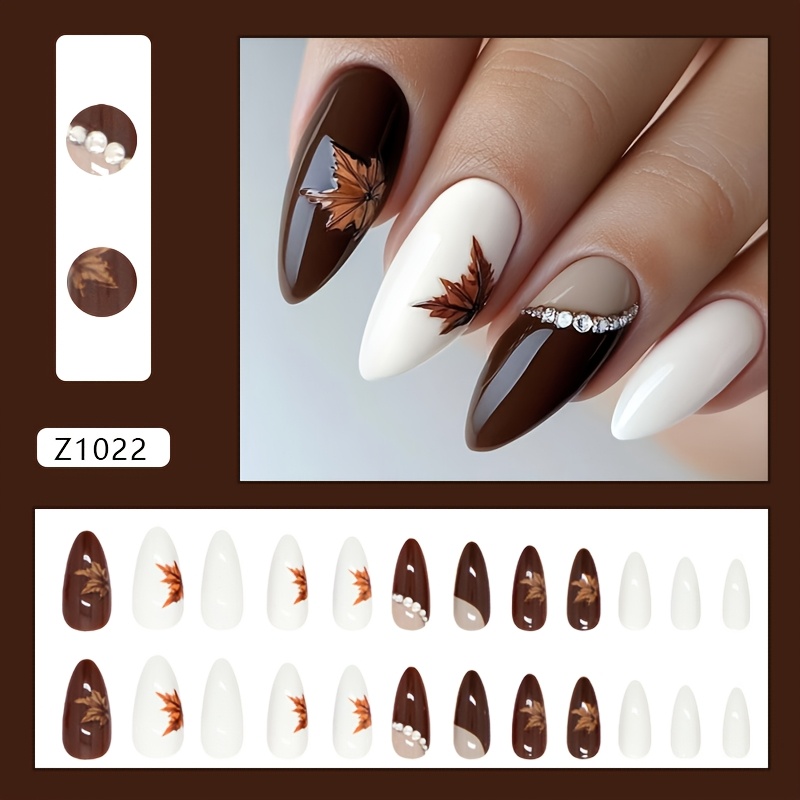 TEMU Ongles Moyenne Feuille d'Érable Flash, Style Vintage Doux, Mode Polyvalente Européenne et Américaine, Pointes d'Ongles Détachables