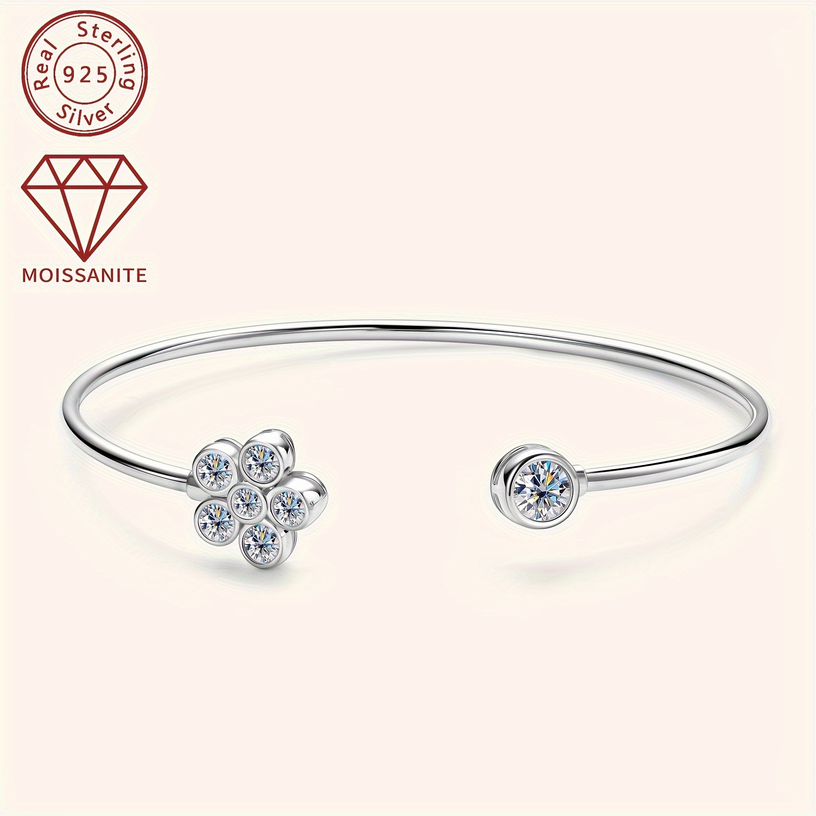 elegant floral cuff with synthetic moissanite stones 925 silver with 14k golden plating april birthstone adjustable open cuff for women 1 06ct total weight christmas and wedding jewelry accessory details 13