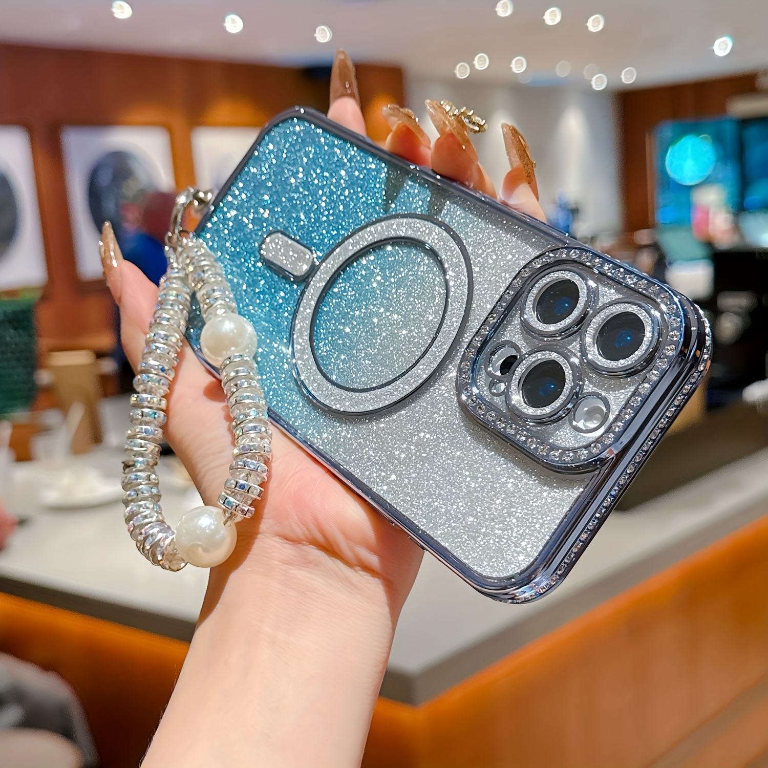 TEMU Phone Case - Fashionable, Easy And Luxurious Electroplated Edge Diamond Flash Diamond Magnetic Lens Film Protection And Flash Powder Cardboard