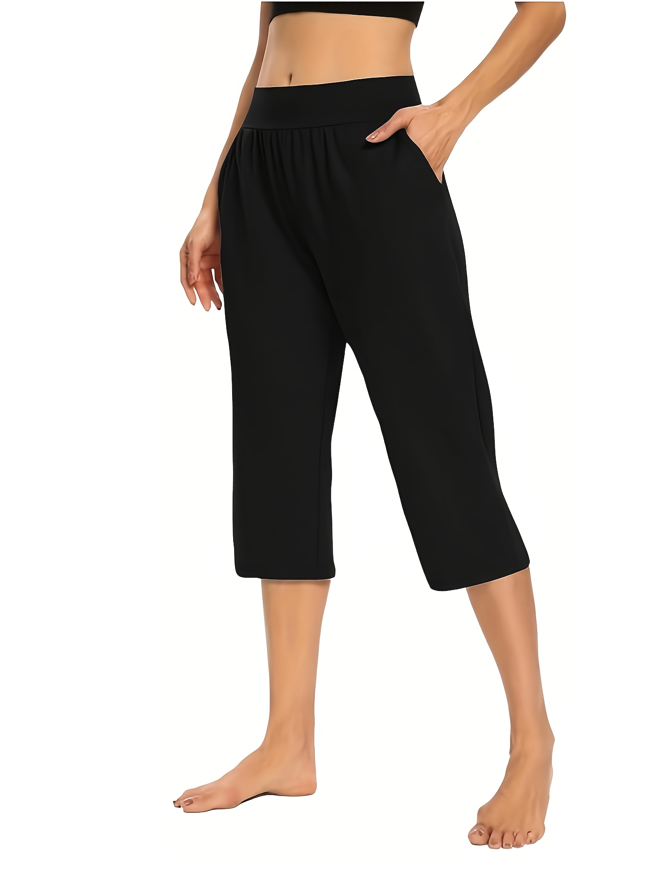 summer womens pull on cropped pants fashionable casual stretchy lightweight elastic high waisted casual pants