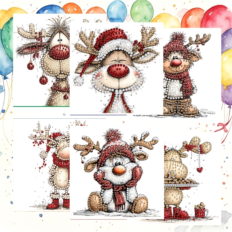 TEMU 6pcs Set Of Unique New Diamond Painting Greeting Cards, Christmas Reindeer Pattern Cards, Birthday Holiday Greeting Cards, Adult Handmade Craft