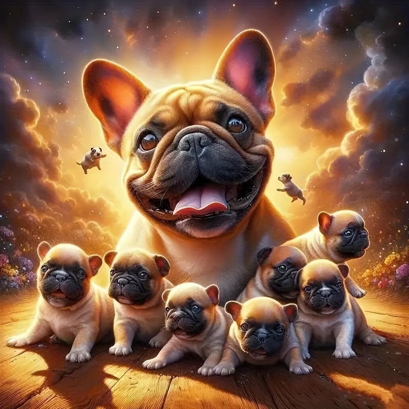 

5d Diy Diamond Painting Kit - French Bulldog Family | Animal Theme | Round Full Drill Acrylic Diamond Art Set | Home & Office Wall Decor Craft Gift | 40x40cm