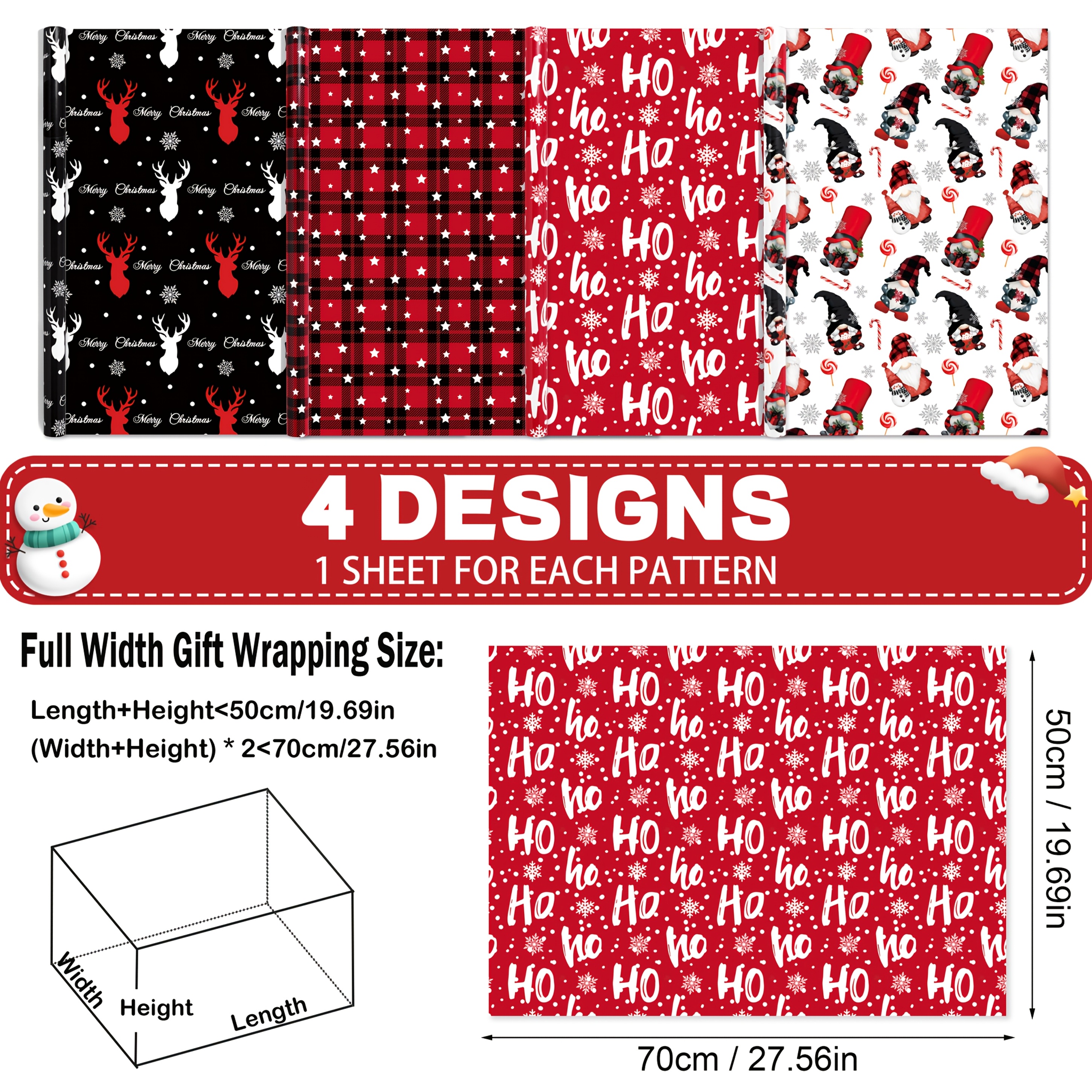 4 Sheets Christmas Wrapping Paper Roll - Snowflake, , Reindeer For Holiday Presents & Crafts, Floral Packaging