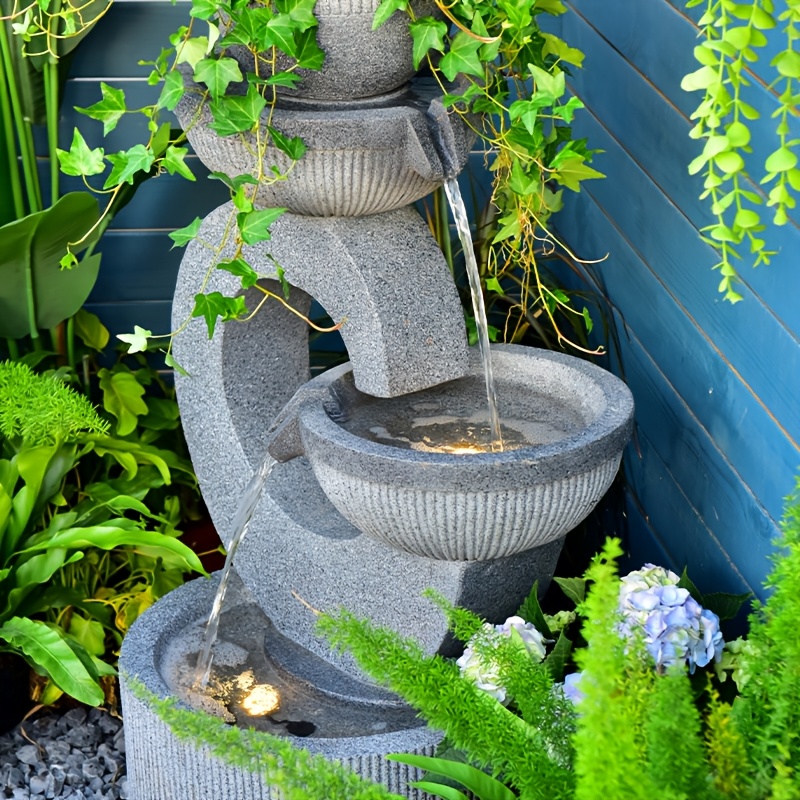 [Lighted Gray Water Fountain] Gray Outdoor Fountain with Lights | Indoor Floor-standing Waterfall for Courtyard, Garden, Terrace & Living Room