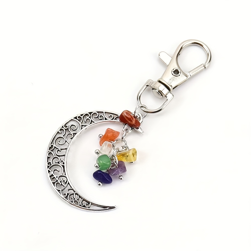 Cross-border Natural Irregular Gravel Keychain With Moon Alloy Pendant, Amethyst Hanging Ornament, Mixed, Random Shipping, 1pc
