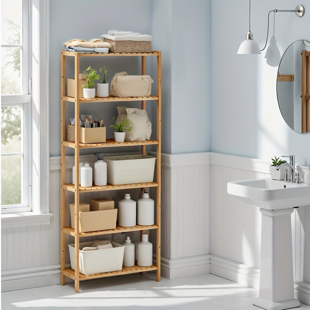 E-shop 6-Etagen Bambus-Aufbewahrungsregal & Schuhregal – Hochbelastbares Naturbeige Bambus-Holzregal, Vielseitiger Stabiler Organizer für Flur,