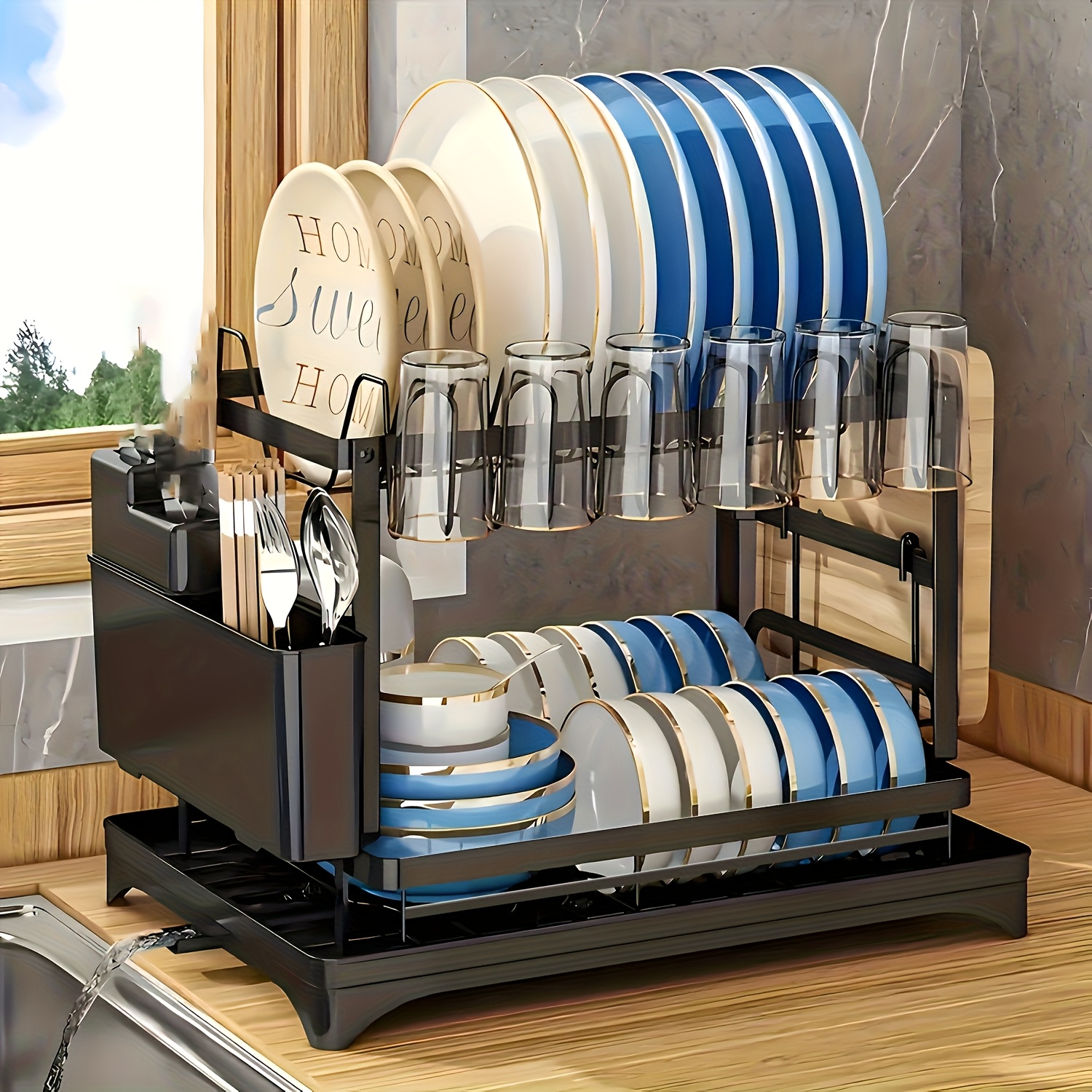 TEMU Kitchen Countertop Double Layer Drainer Rack, Kitchen Countertop Drainer With Drain Board, Metal Kitchen Dish Rack With Drain Sink, Kitchen