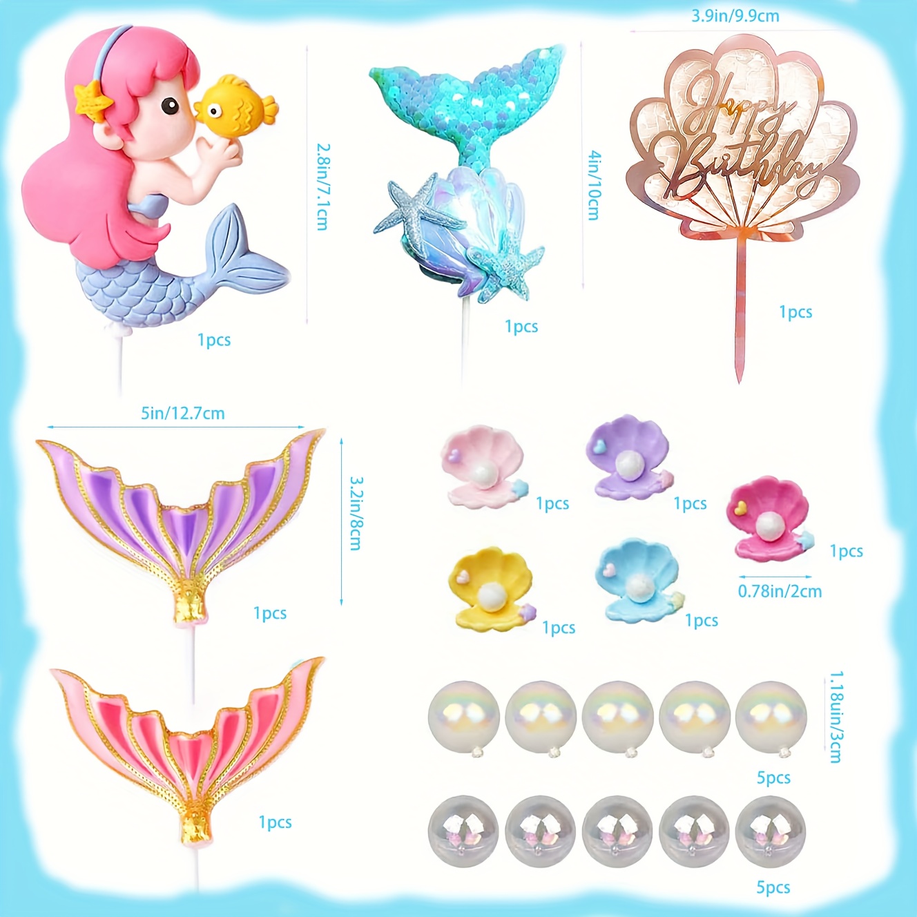 Image of 20pcs Mermaid Cake Decoration Birthday Set - Ocean Decor Pearls, Glitter Mermaid Tails, And Happy Birthday Signs - Perfect For Parties, Christenings, And Beach-themed Events