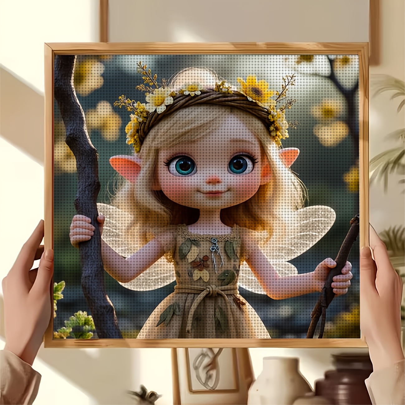 DIY Cross-stitch Printed Kit, Unframed, "Flower Elf Wearing a Wreath" Pattern