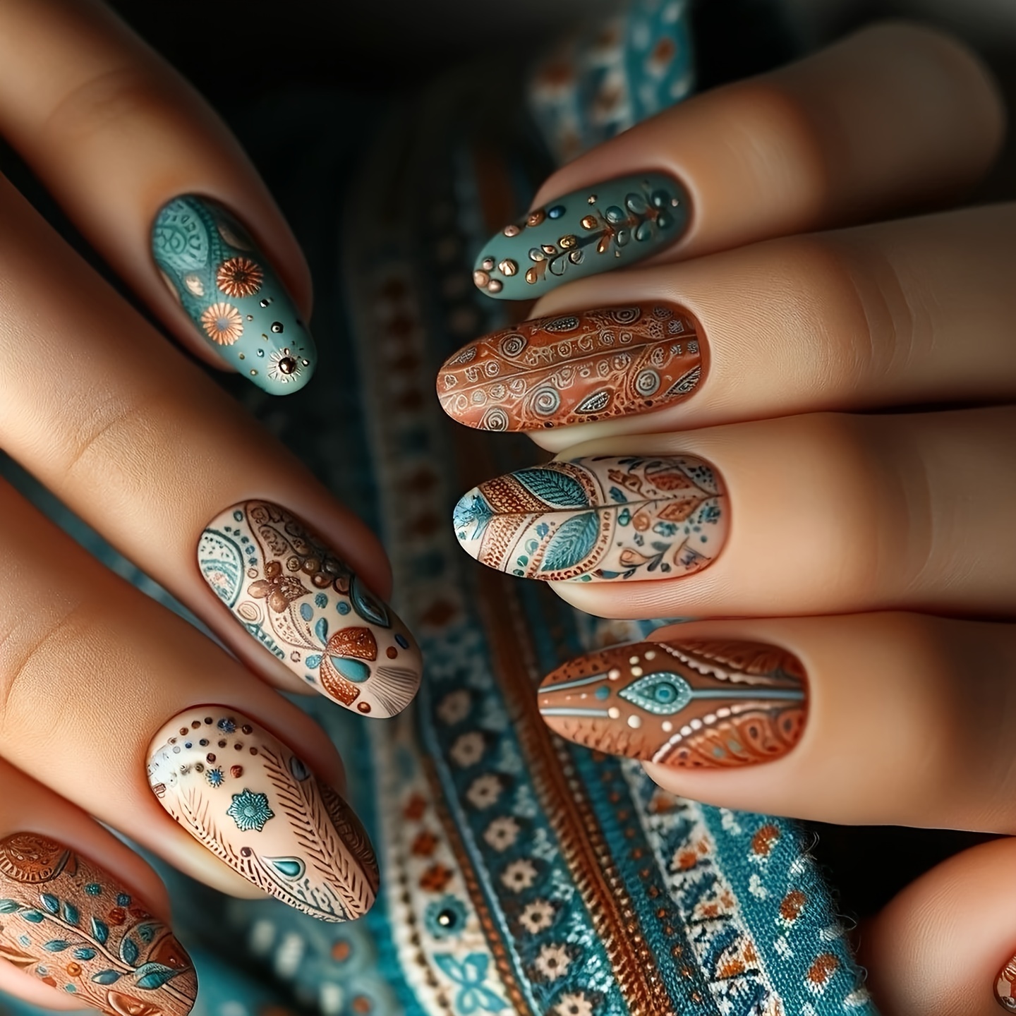 Image of 24pcs Of Vintage Leaf Nail Patches, Suitable For Prom Parties And Daily Wear