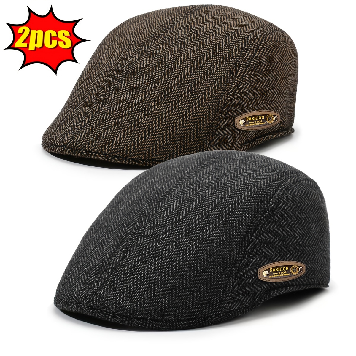 TEMU Ensemble 2 pièces Automne Hiver Nouveau Beret Rétro Chaud Pointu Design Herringbone pour Personnes Âgées et Seniors, Chapeau d'Extérieur