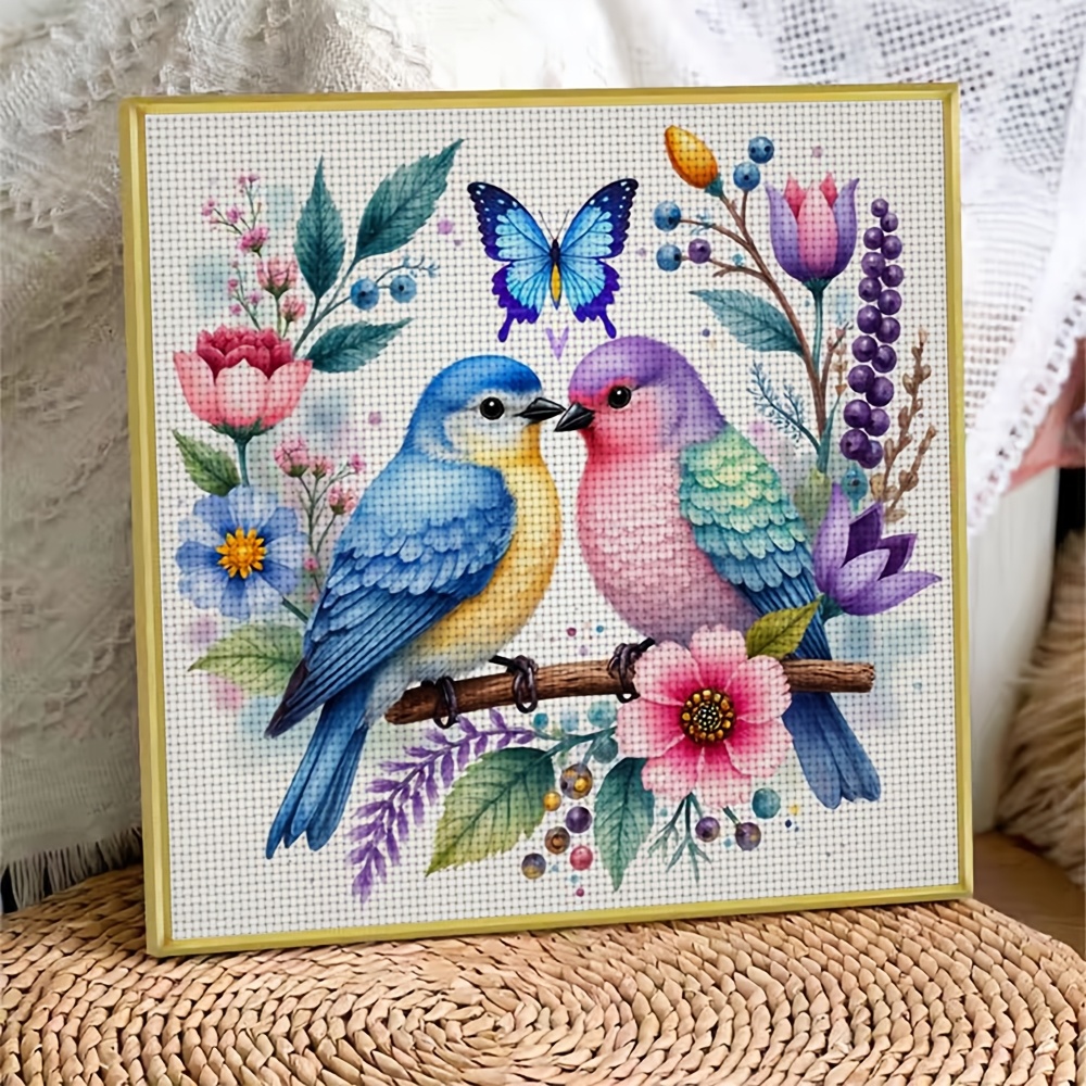 11CT Frameless DIY Cross Stitch Kit, Two Birds, Flowers, Butterfly