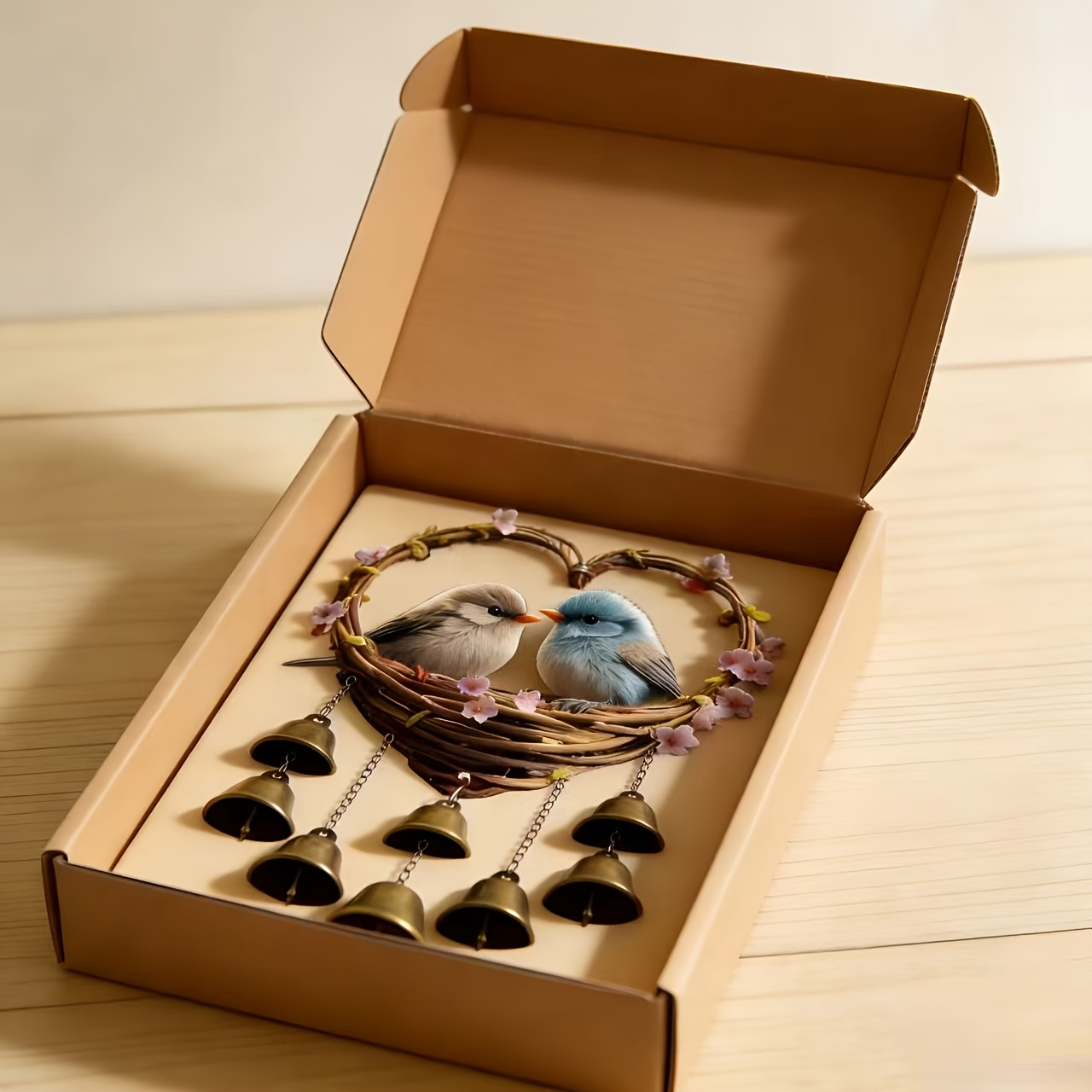 E-shop Eine große herzförmige Vogel-Windspiele mit Glockenset. 8 Zoll breit x 15,8 Zoll lang, Metall Garten- und Hofdeko, beruhigende Windgeräusche,