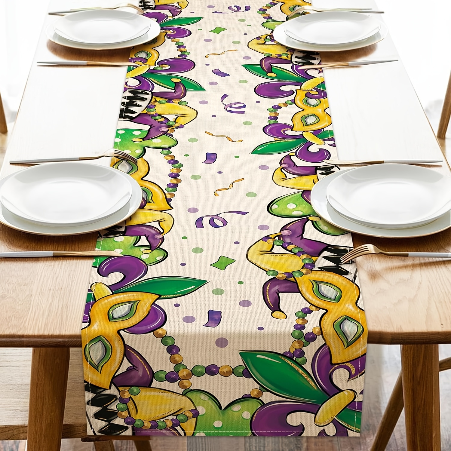 

1pc Mardi Gras Linen Table Runner - Rectangular Woven Fleur & Design, New Orleans Carnival Dining Decor, Indoor Outdoor Masquerade Party Supplies