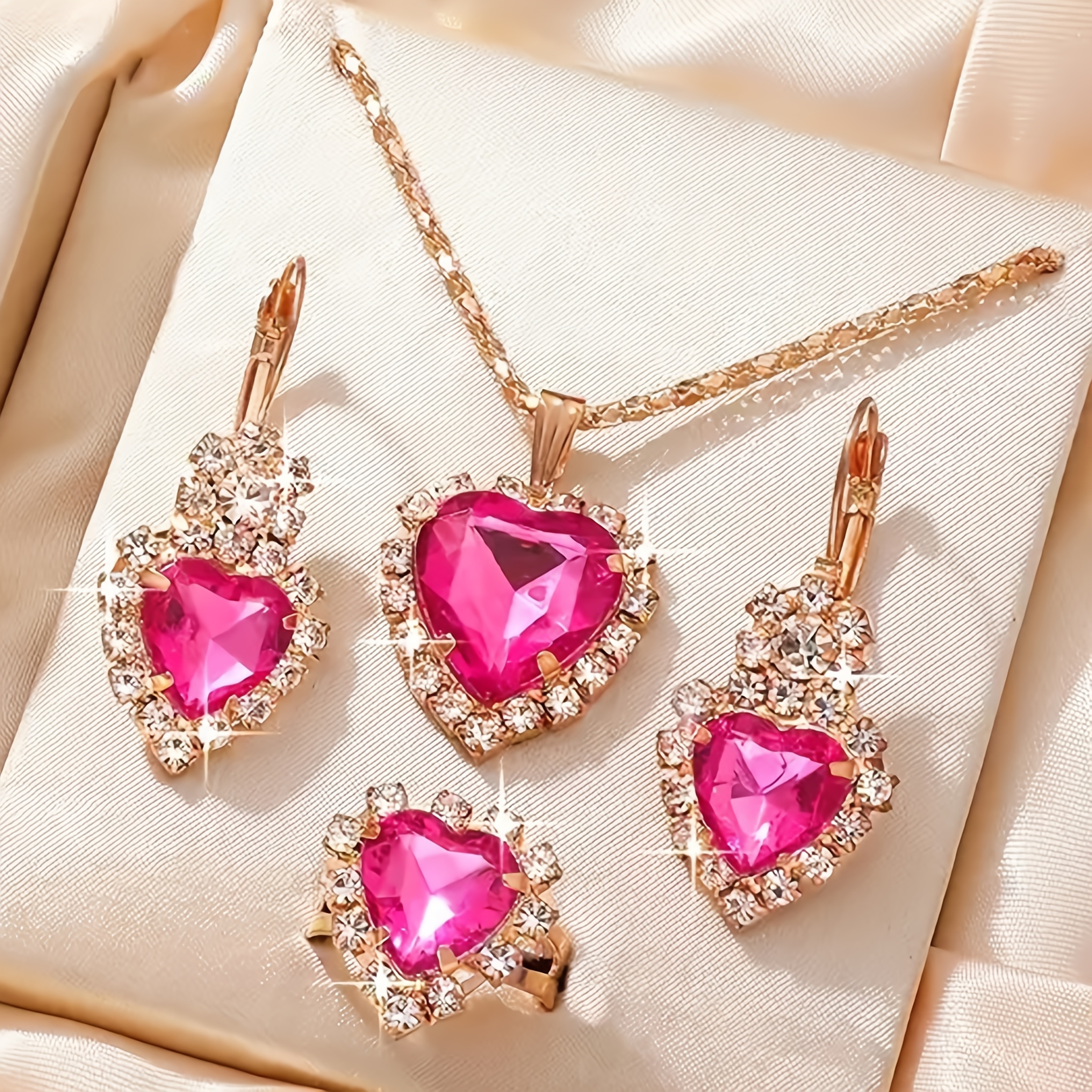 Image of 4pcs Fashion Women's Colorful Heart-shaped Design Stainless Steel Rhinestone Jewelry Set Necklace Earrings Ring Combination Set As A Holiday Gift For Her