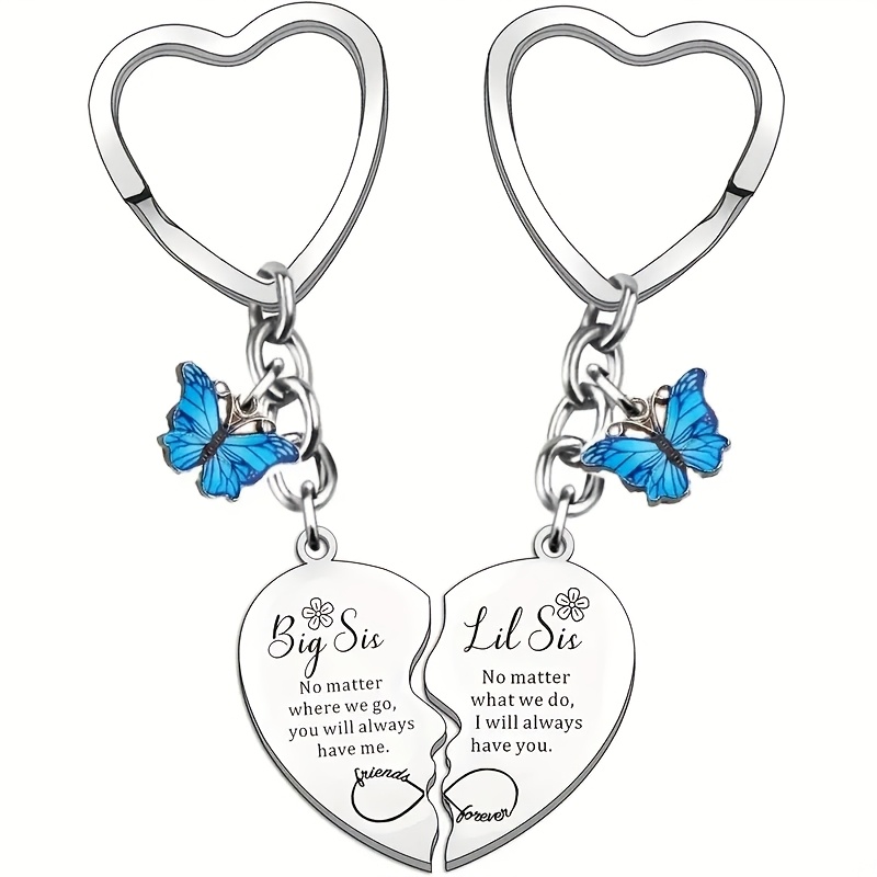 TEMU [2pcs Porte-clés Cœur Sœur] Ensemble de 2 porte-clés Cœur Sœur, en acier inoxydable et alliage, avec messages gravés et breloques papillon, pour