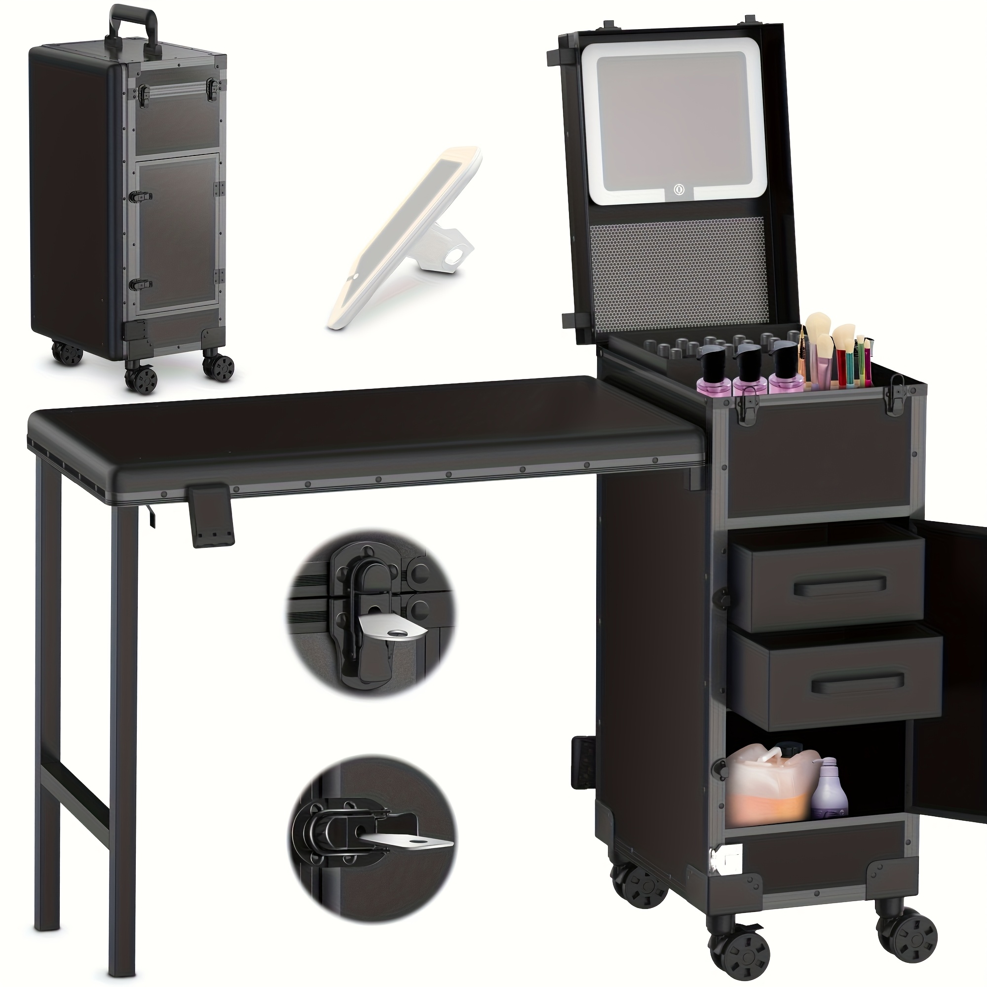 TEMU Mobile Manicure Table On Wheels Featuring 3 Drawers, A Mirror, And A Nail Polish Organizer, Along With A Secure Makeup Train Case And A Foldable