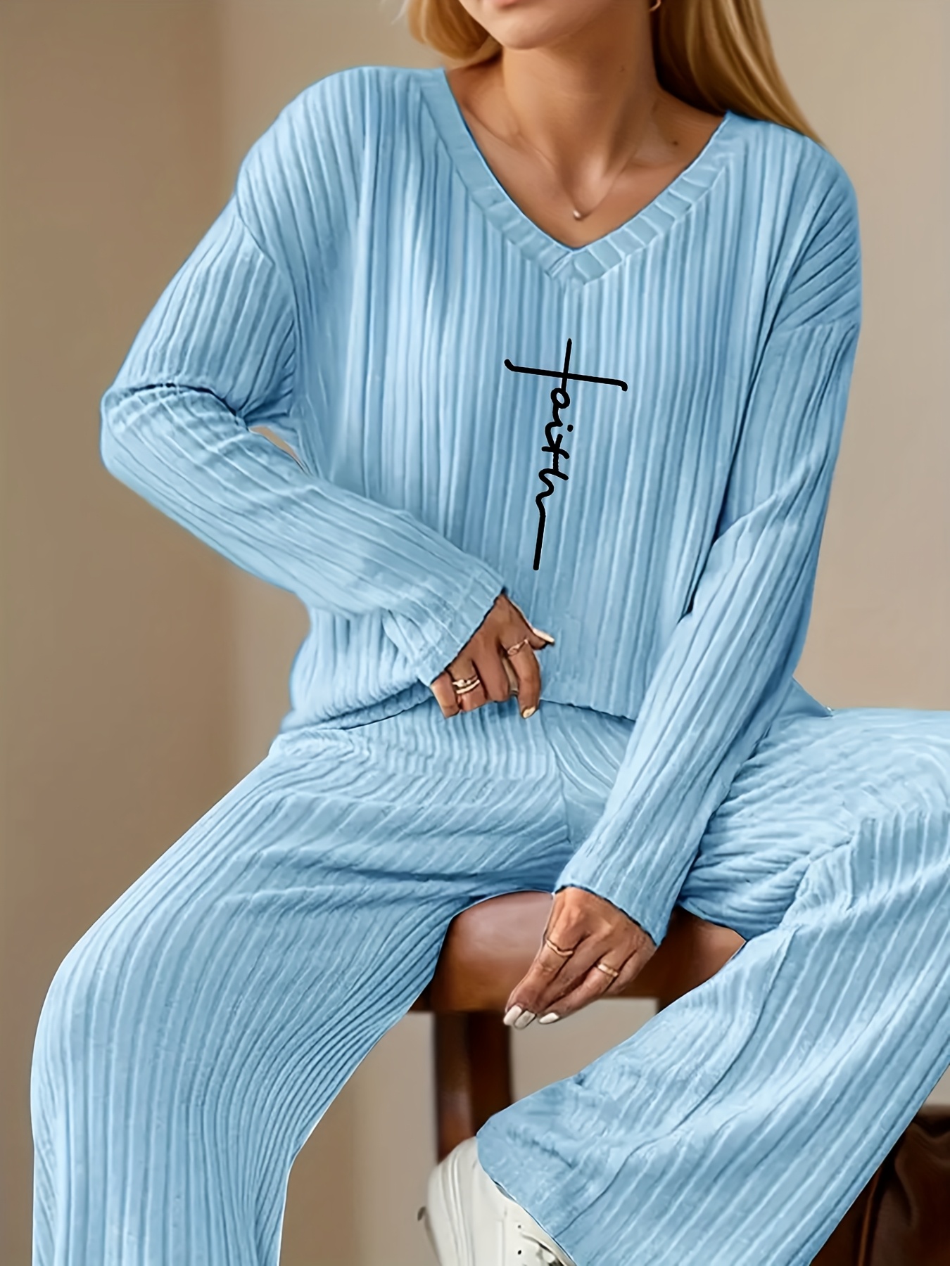 Model wearing the letter print ribbed set, image 1
