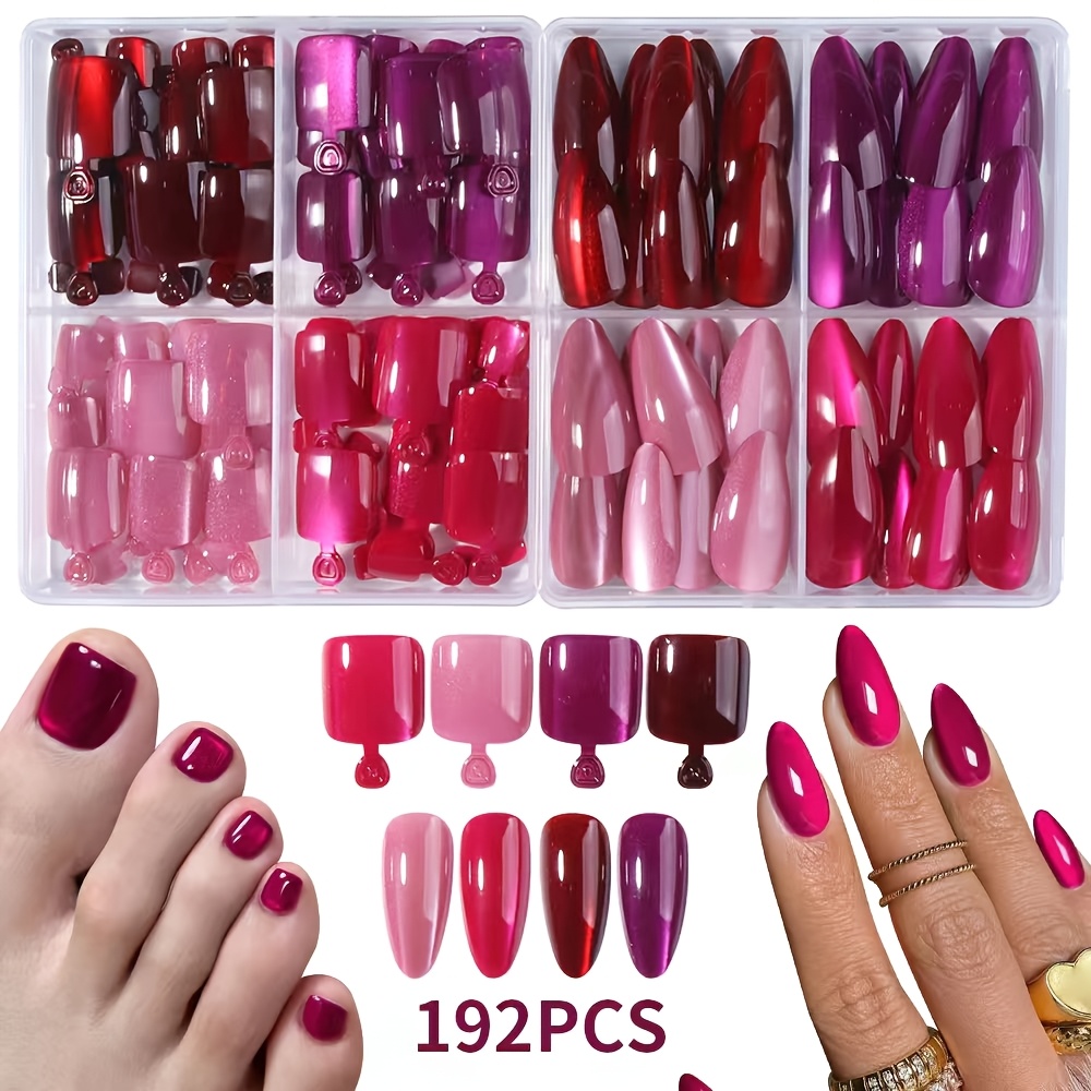 TEMU 192pcs Faux Ongles Esthétiques Œil de Chat Brillant, Ongles et Ongles d'Orteils à Presser, Ensemble Combiné Œil de Chat Ciel Étoilé, Patchs