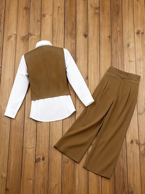 3pcs set sleeveless vest top with a fashionable design womens straight leg pants with a double layer waistband and a long length cinched waist shirt