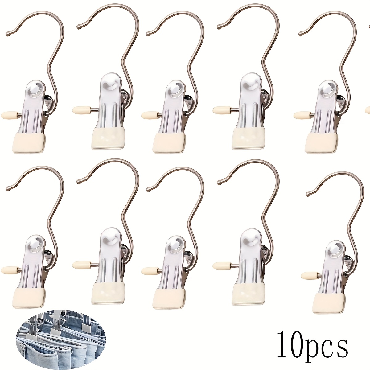 Image of 10pcs Stainless Steel Clips With Hooks - Leggings Storage Bags For Closet Yoga Pants Hangers, Space-saving Hanger Organizer And Storage For Home, For Organizing Hats, Clothes Pins