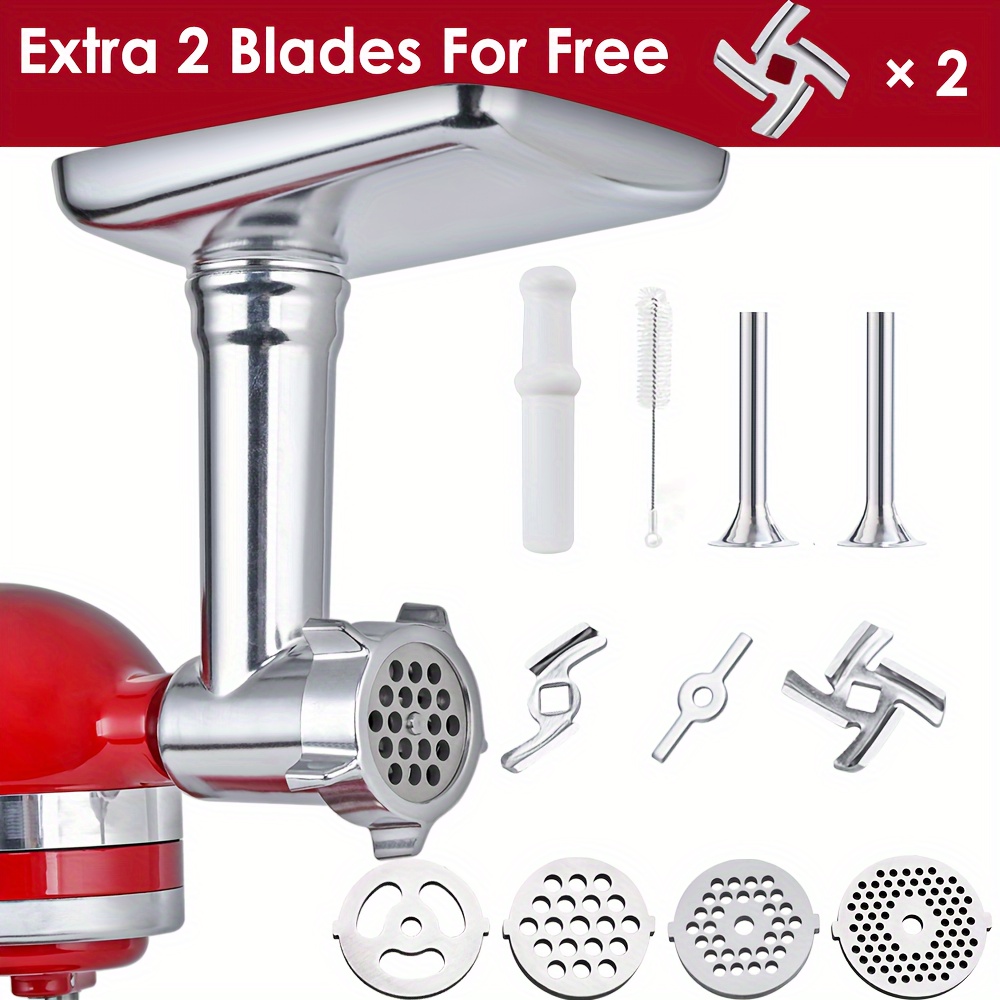 

Metal Food Grinder Attachment For Stand Mixers, Acetec Meat Grinder Attachments Included 2 Sausage Stuffer Tubes & A Holder, 4 Grinding Plates, 4 Grinding Blades, Cleaning Brush