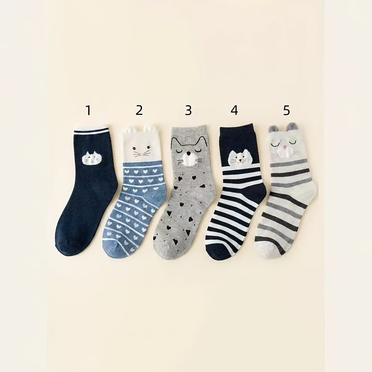 TEMU 5 Pairs Of Adorable Mid-calf Cat Socks, Featuring 5 Different Pattern Sets With Fresh, Low- Color Schemes. Soft, Breathable, And Essential For