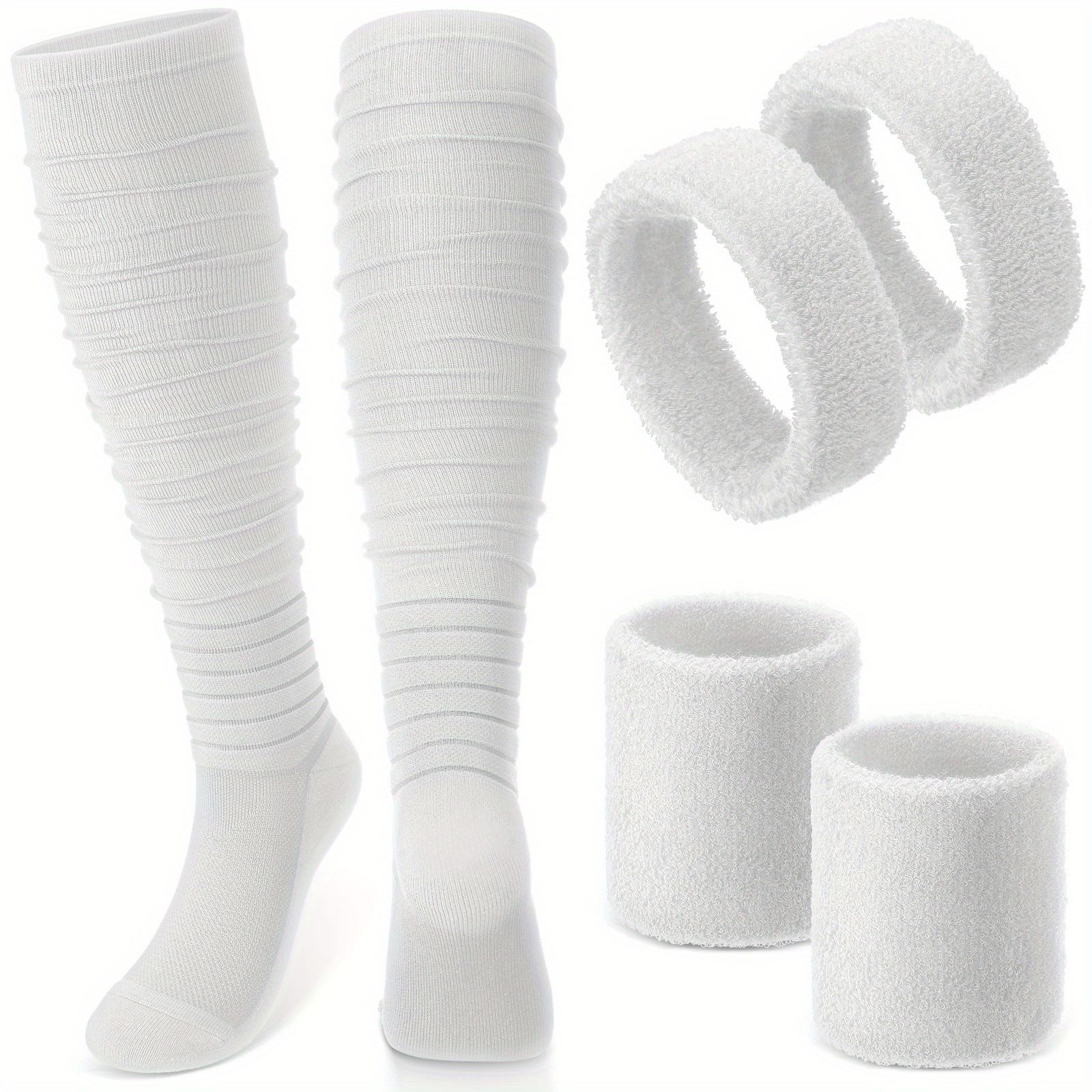 TEMU 1 Set Football High Socks Arm Bicep Bands Wrist Sweatbands Set Scrunch Extra Long Socks Thick Cotton Wristband For Sports Adult (white, L)