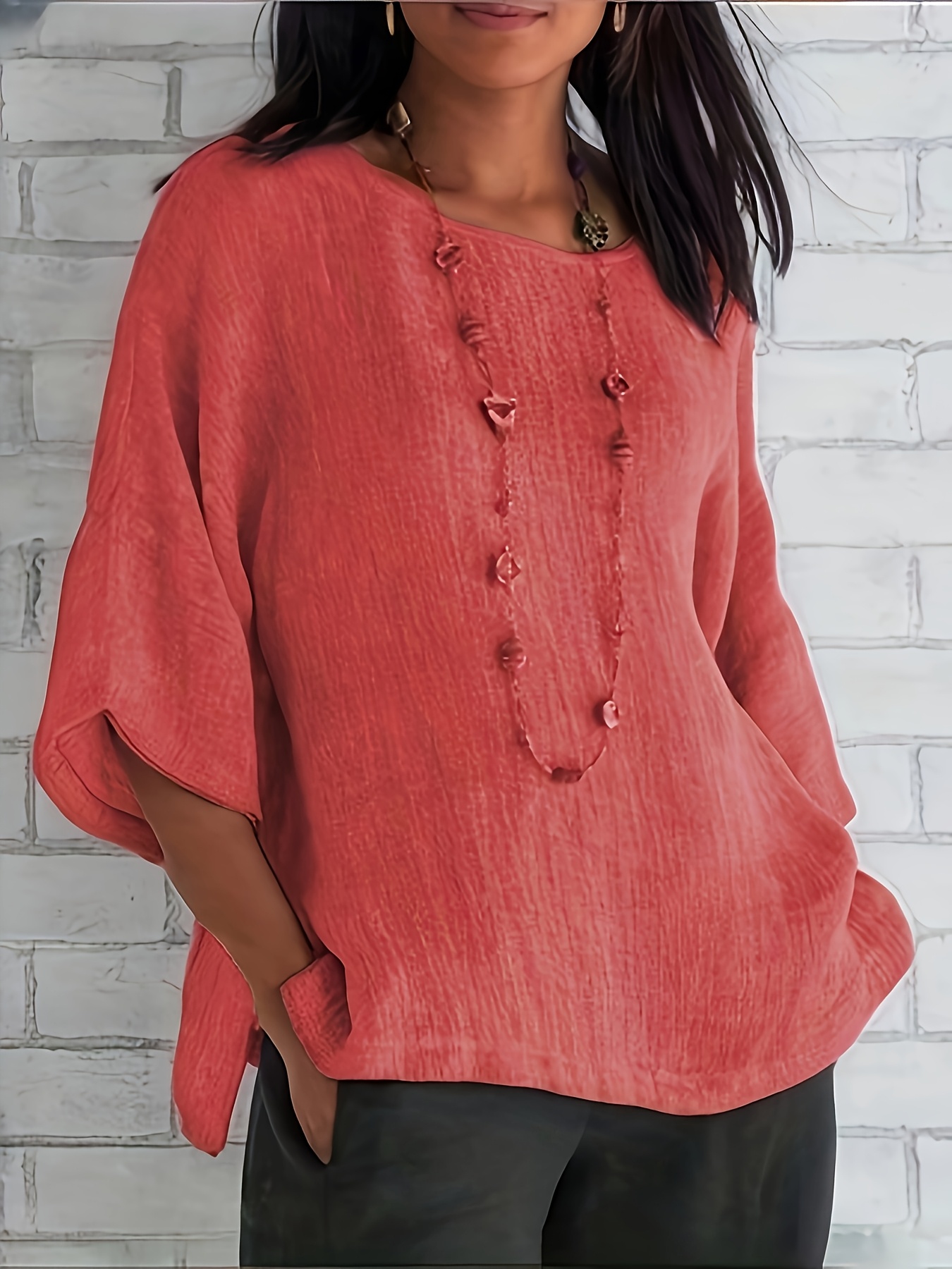 Women's 3/4 Sleeve Tops - Round Neck Loose Fit Casual Blouses & Tshirts For Everyday Wear