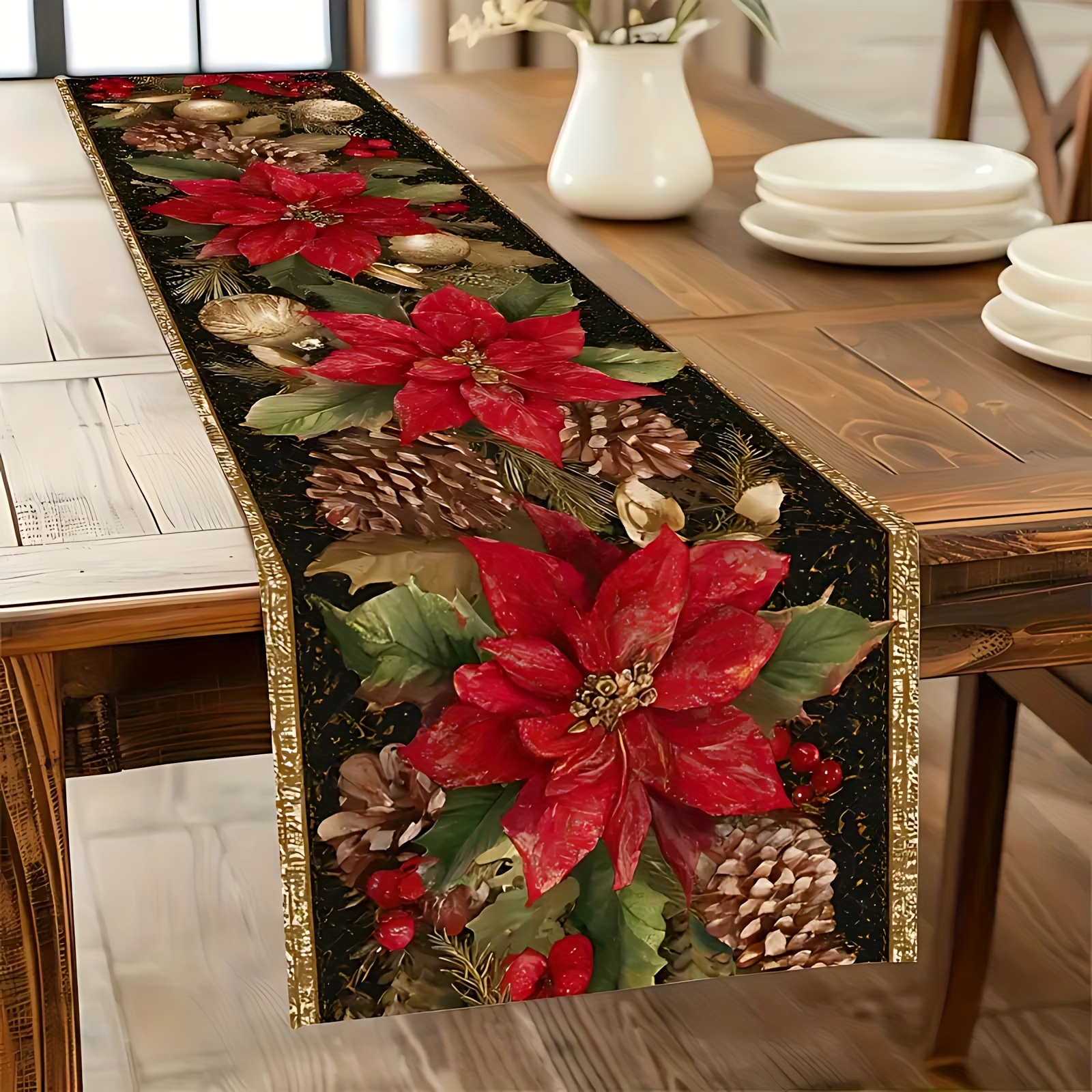 TEMU 1 Christmas Table Runner - Elegant Red Poinsettia With Green Leaves, Suitable For Holiday Dining, Parties, And Home Decor - Durable Fabric -