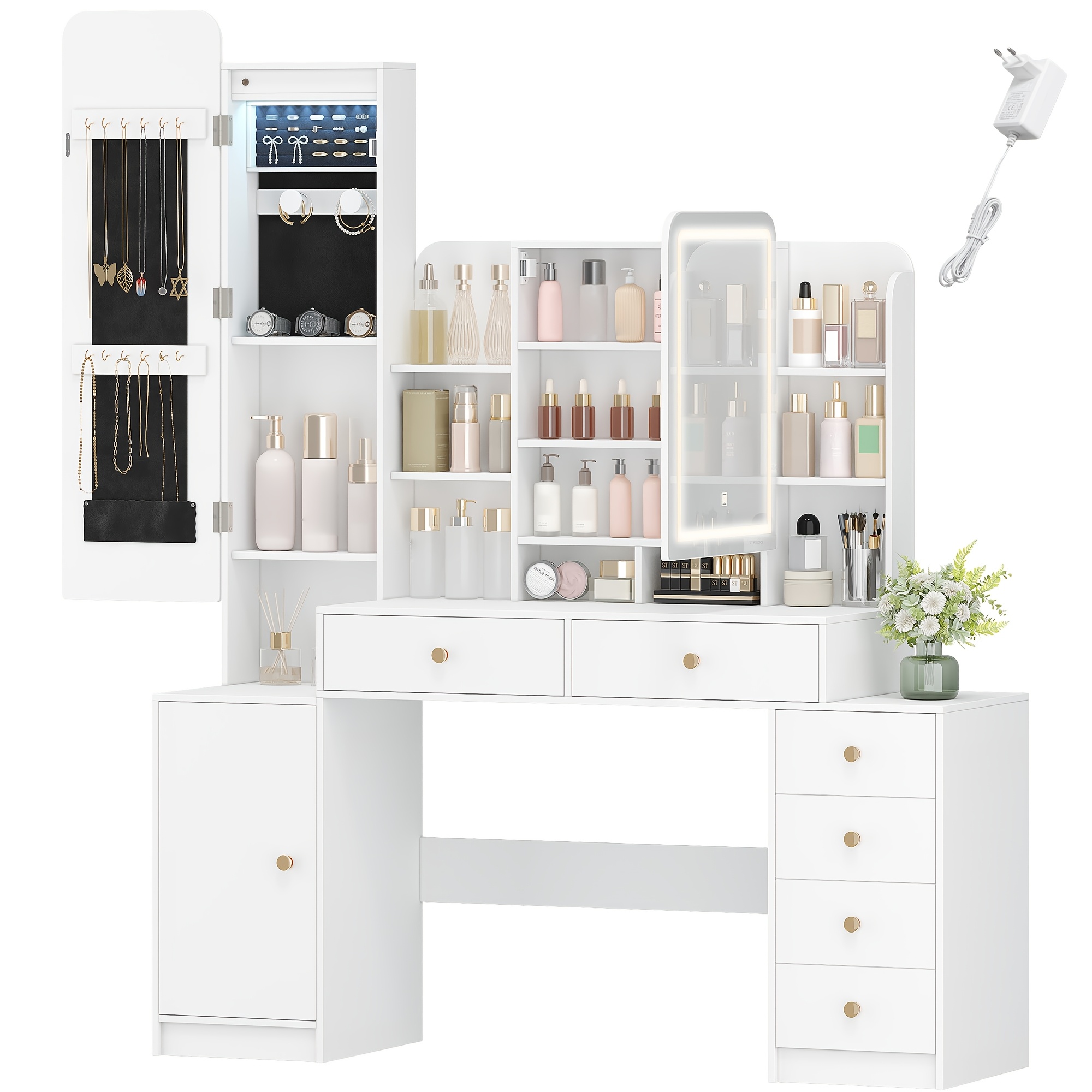 Large Dressing Table With Lighting, Dressing Table With Mirror And Jewelry Compartment, With 8 Open Compartments, 6 Drawers And 1 Storage Compartment, White