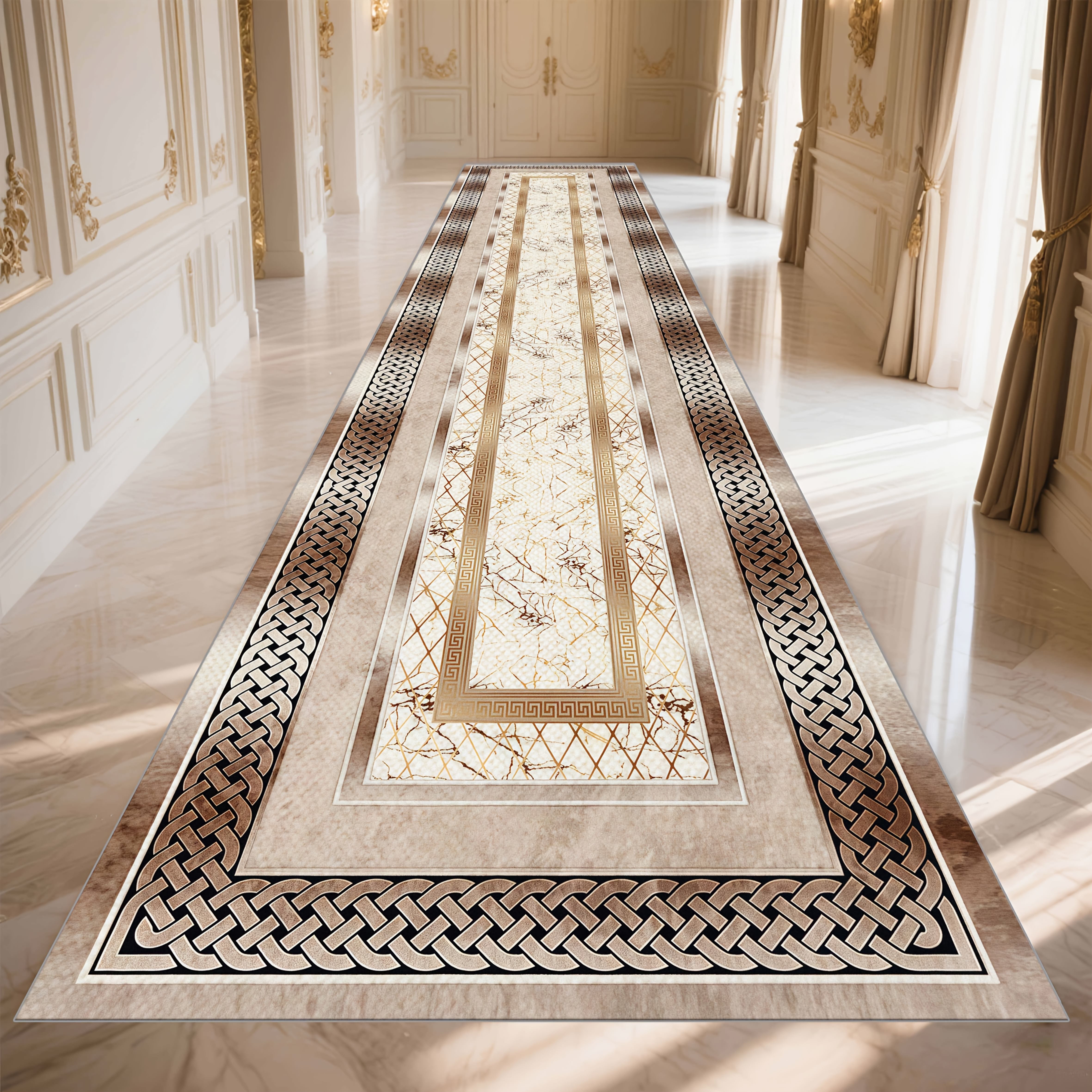 TEMU Shipping: 1pc Of Golden Diamond Velvet, Luxury Extra-long Marble Pattern Rug, Hallway Runner With Exquisite Border Pattern, European-style