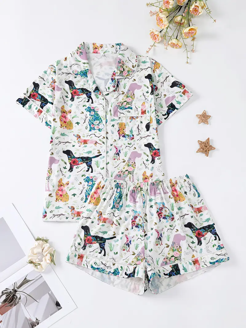 womens 2pcs pajama set cute dog floral jersey knit fabric short sleeve with lapel collar elastic loose shorts animal pattern 95 polyester 5 elastane m Product details 0