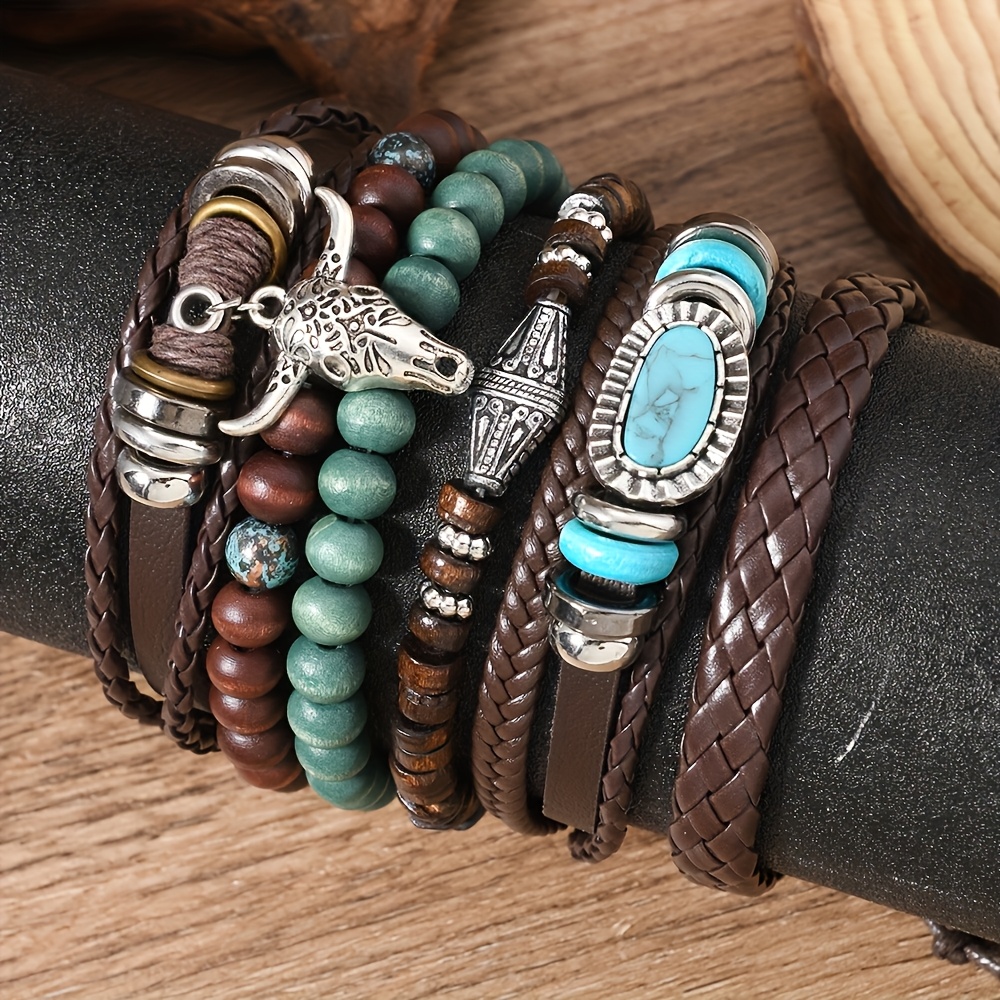 Image of A Popular Set Of 6 Handmade Couple Bracelets Featuring Beads And Turquoise, Suitable For Men And Women