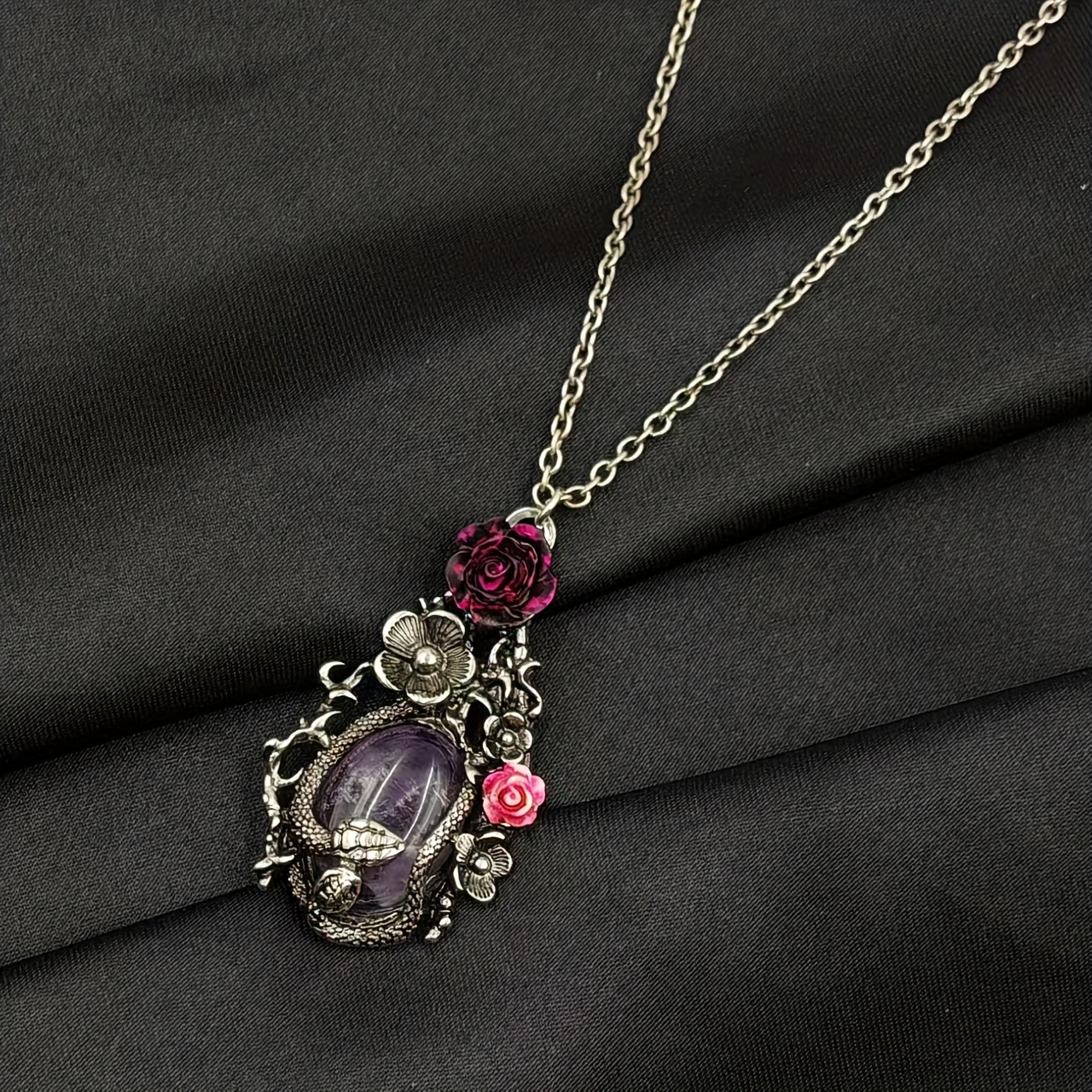 E-shop Gothic Amethyst Schlangen- und Rosen-Halskette, Retro Alte Legierung/Natürlicher Amethyst, Dunkles Geheimnisvolles Design