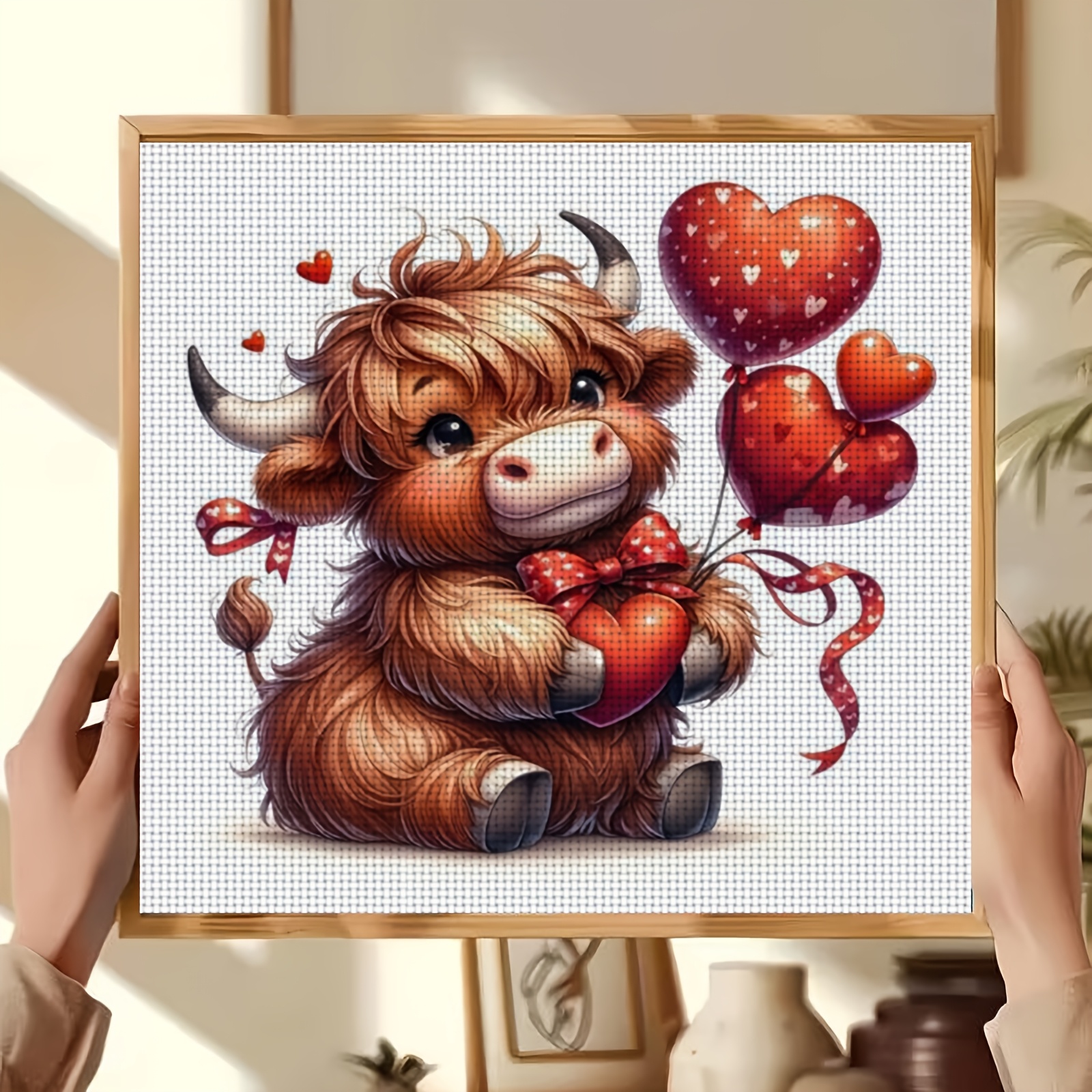 DIY Cross Stitch Print Kit, Frameless, Cute Cow Hugging Heart Balloon