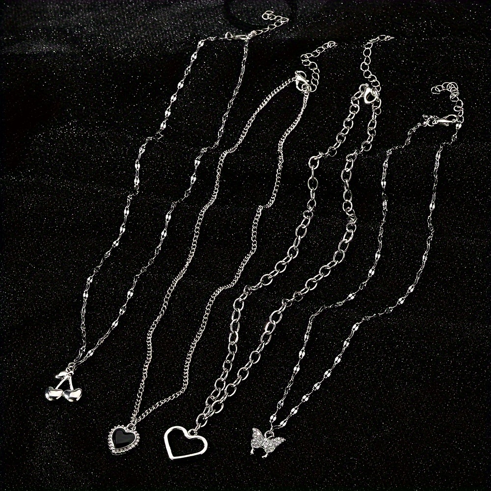 4pcs Elegant Shiny Rhinestone Butterfly Heart Pendant Necklace Set, Stylish Silvery Cherry Multi-Layer Layered Necklaces for Women, Trendy Daily Party Accessories